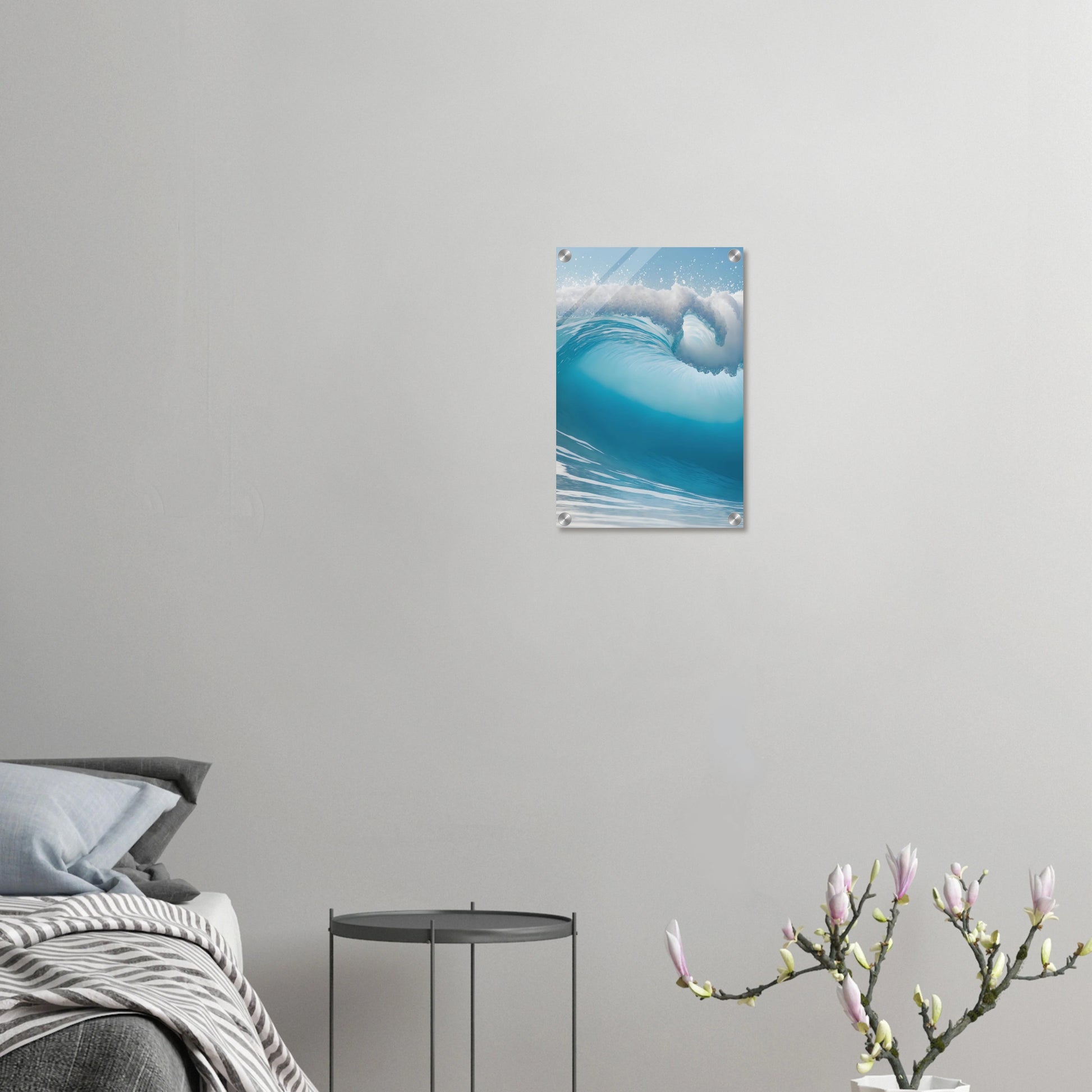 Abstraktes Wandbild einer brechenden Meereswelle in Türkis und Blau mit weißer Gischt. 30x45 cm. Acryl