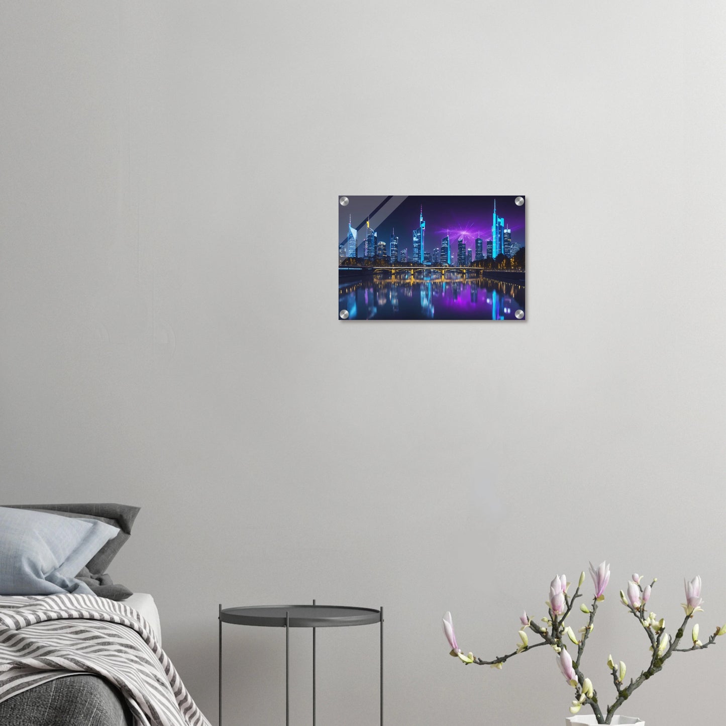 Modernes Wandbild der Frankfurter Skyline bei Nacht mit beleuchteten Wolkenkratzern und violetten Lichteffekten am Himmel. 30x45 cm. Acryl