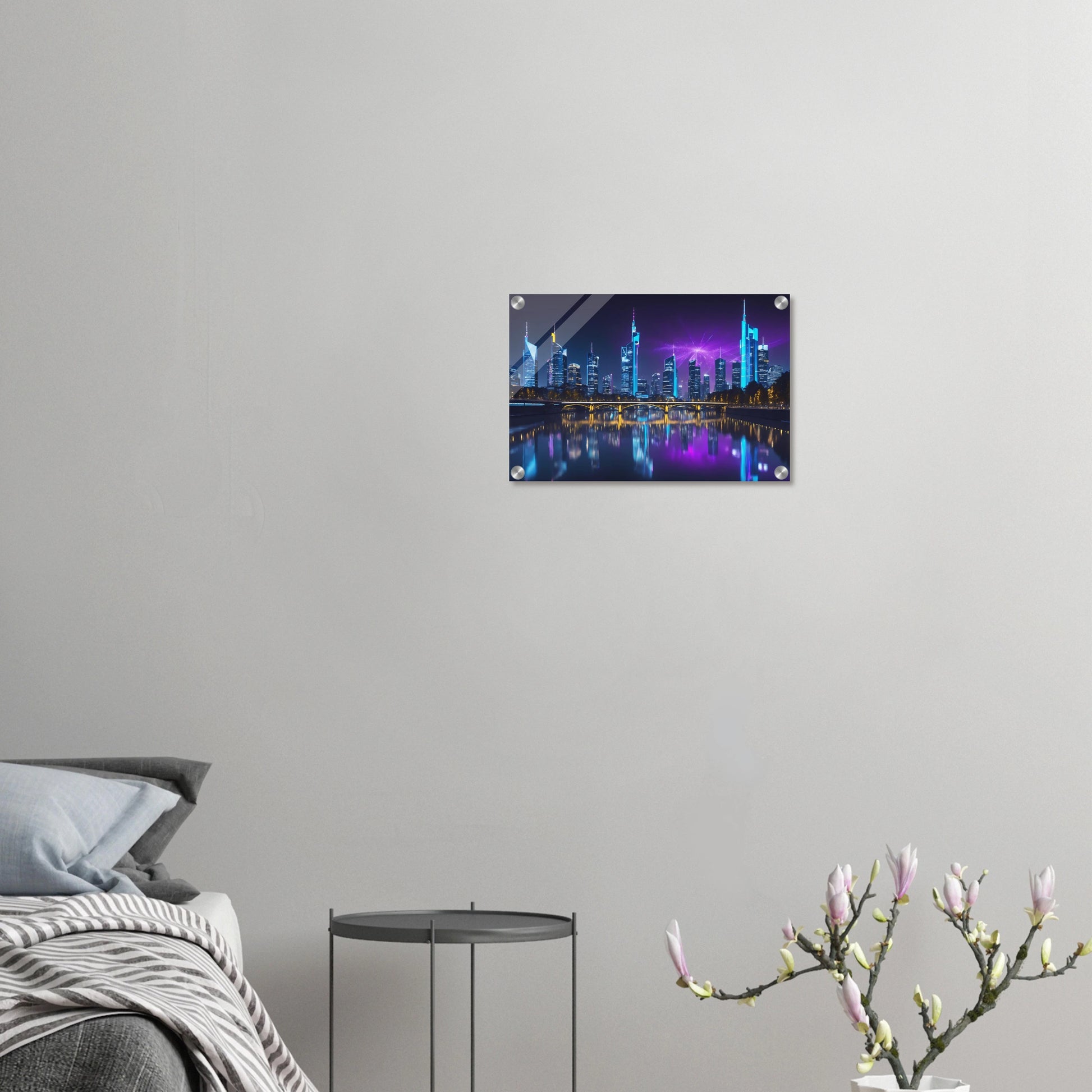 Modernes Wandbild der Frankfurter Skyline bei Nacht mit beleuchteten Wolkenkratzern und violetten Lichteffekten am Himmel. 30x45 cm. Acryl