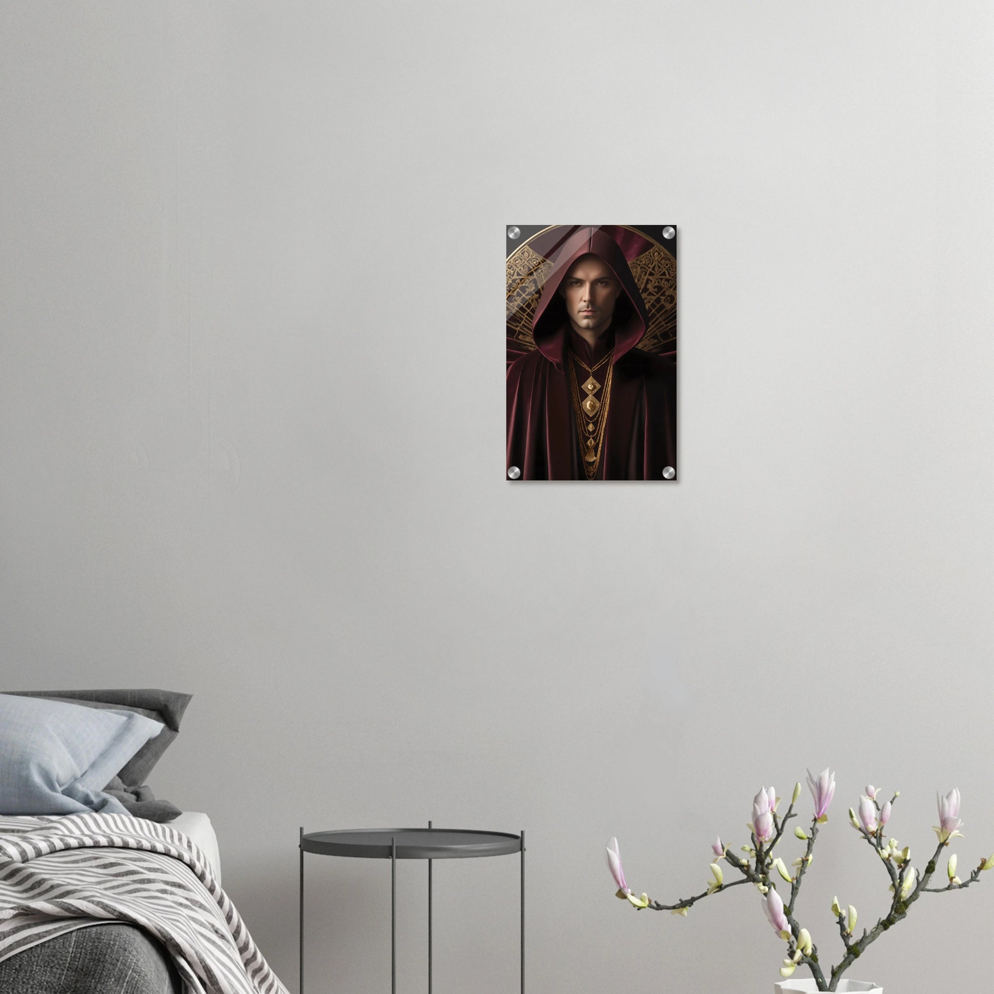 Digitales Kunstwerk einer männlichen Gestalt mit purpurner Kapuze, goldenen Ketten und kunstvollem Hintergrund. 30x45 cm. Acryl