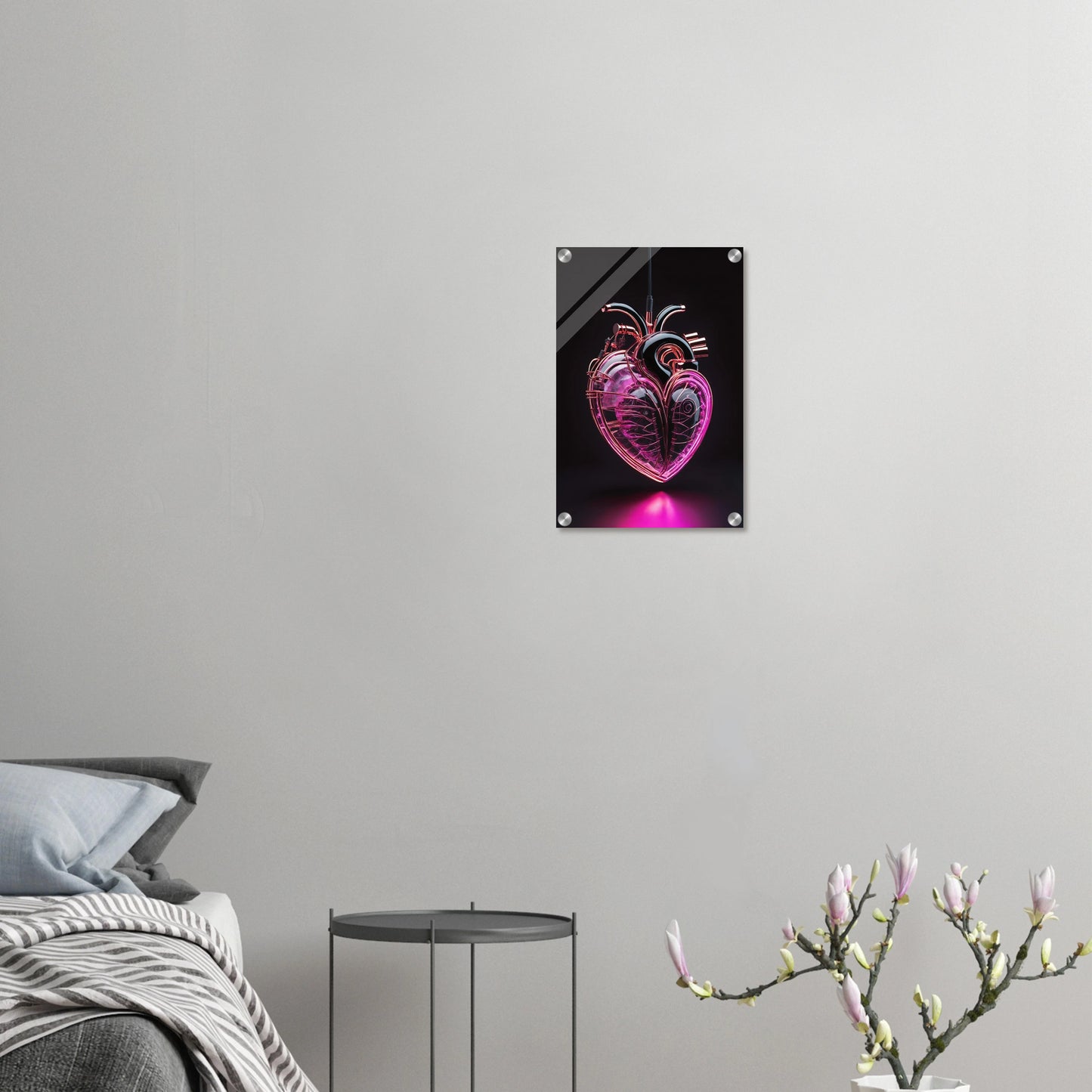 Digitales Kunstwerk eines anatomischen Herzens mit leuchtend pinken Neon-Strukturen und glänzenden schwarzen Oberflächen auf dunklem Grund. 30x45 cm. Acryl