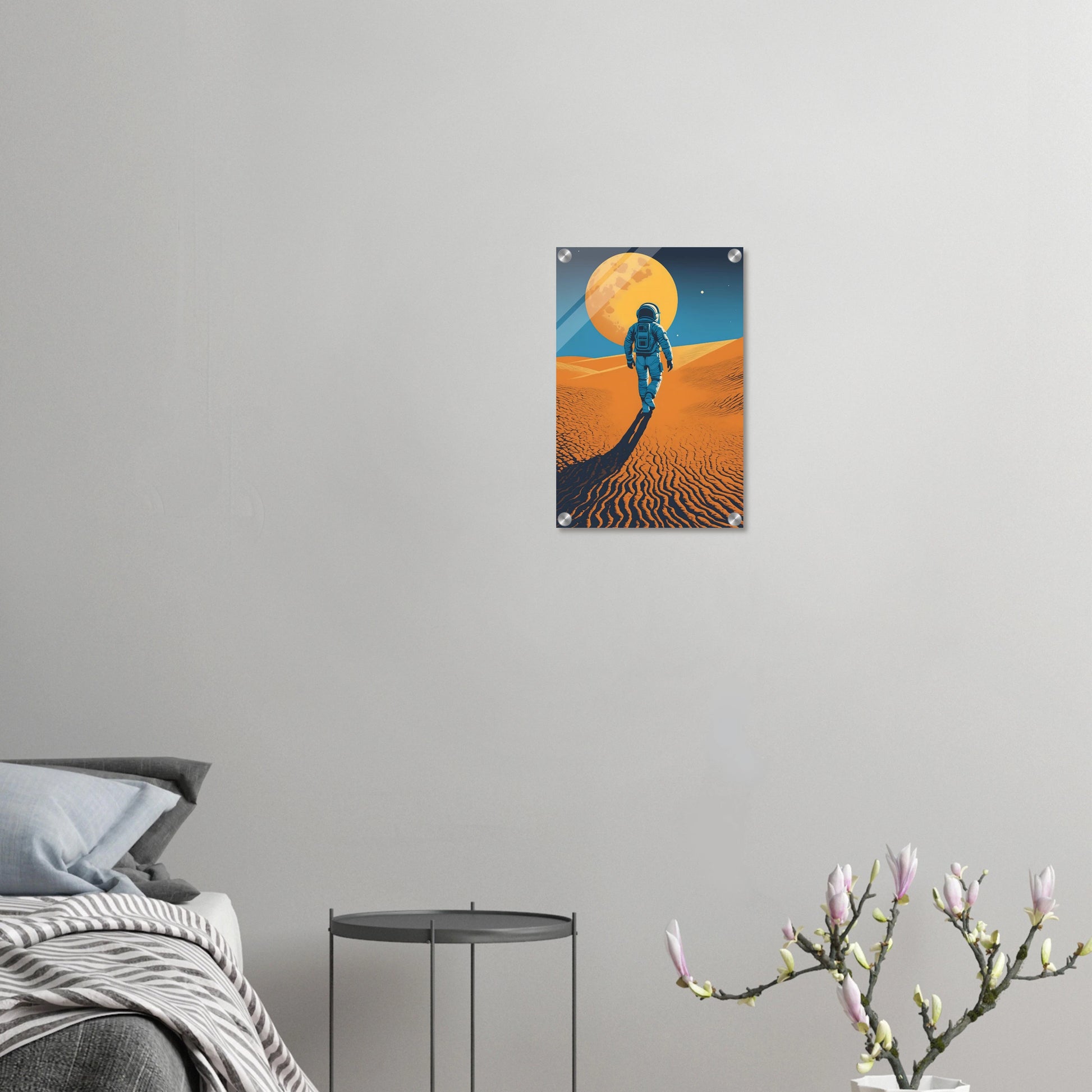 Illustration eines Astronauten, der bei Nacht durch eine orangefarbene Wüstenlandschaft unter einem großen Vollmond wandert. 30x45 cm. Acryl