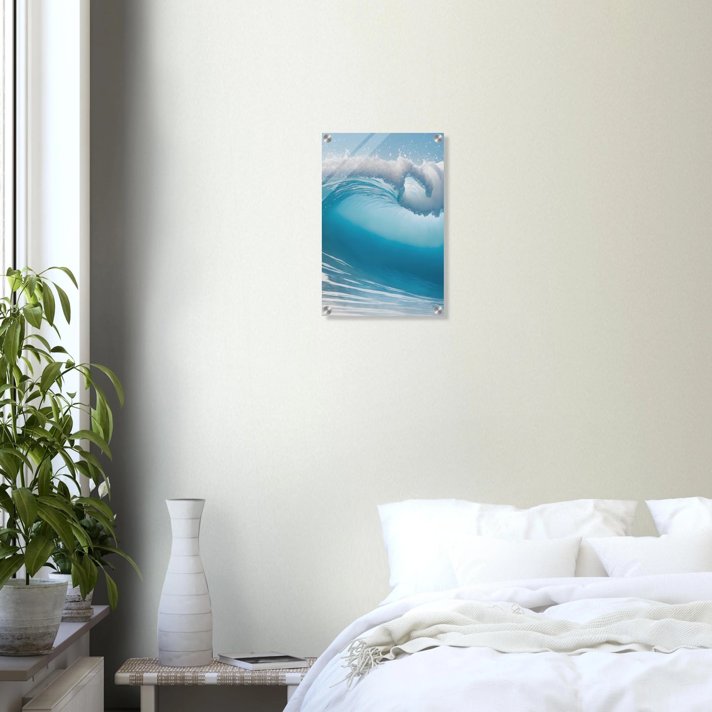 Abstraktes Wandbild einer brechenden Meereswelle in Türkis und Blau mit weißer Gischt. 30x45 cm. Acryl