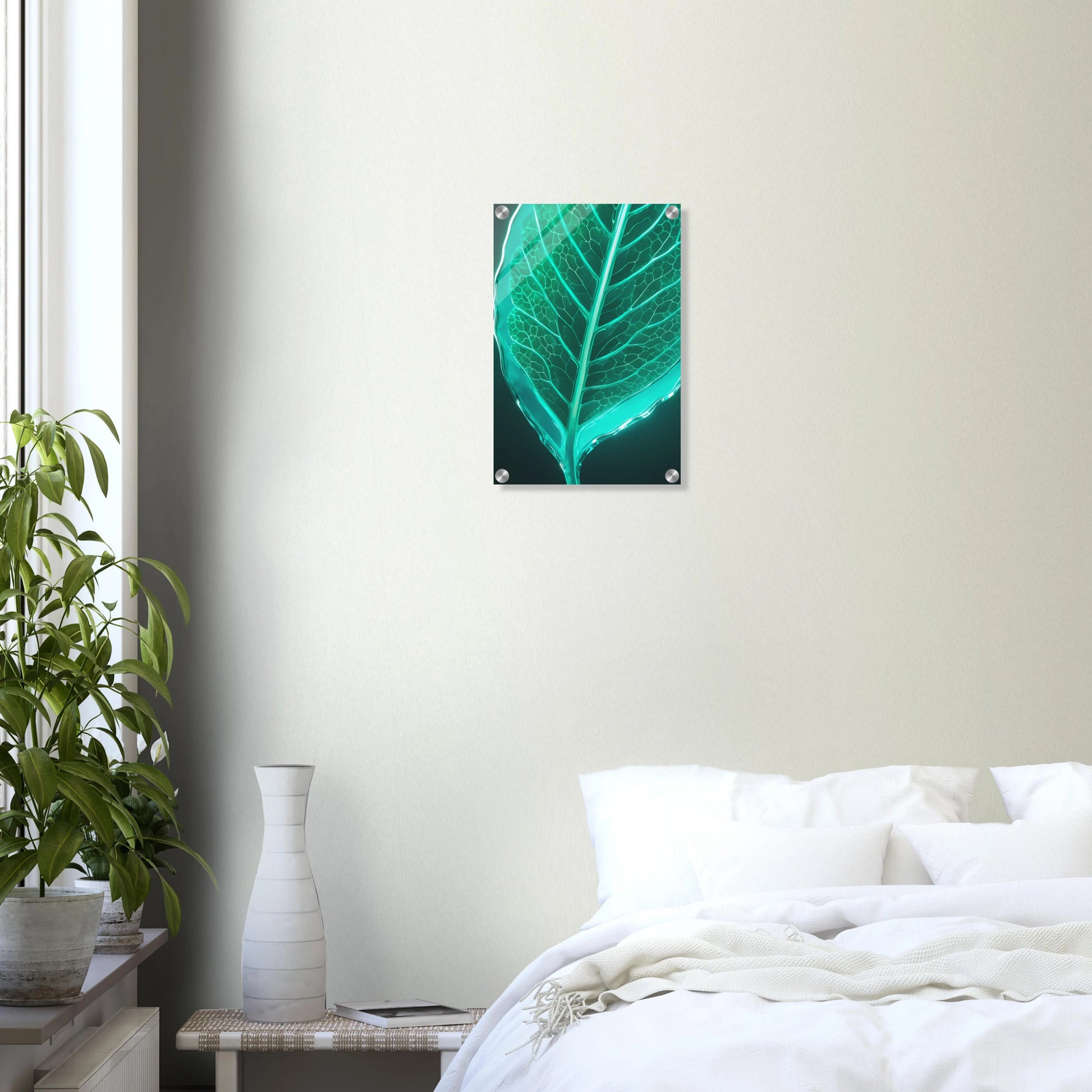 Modernes Wandbild eines leuchtenden, türkisfarbenen Blattes in transparenter Glas-Optik mit sichtbaren Blattadern. 30x45 cm. Acryl