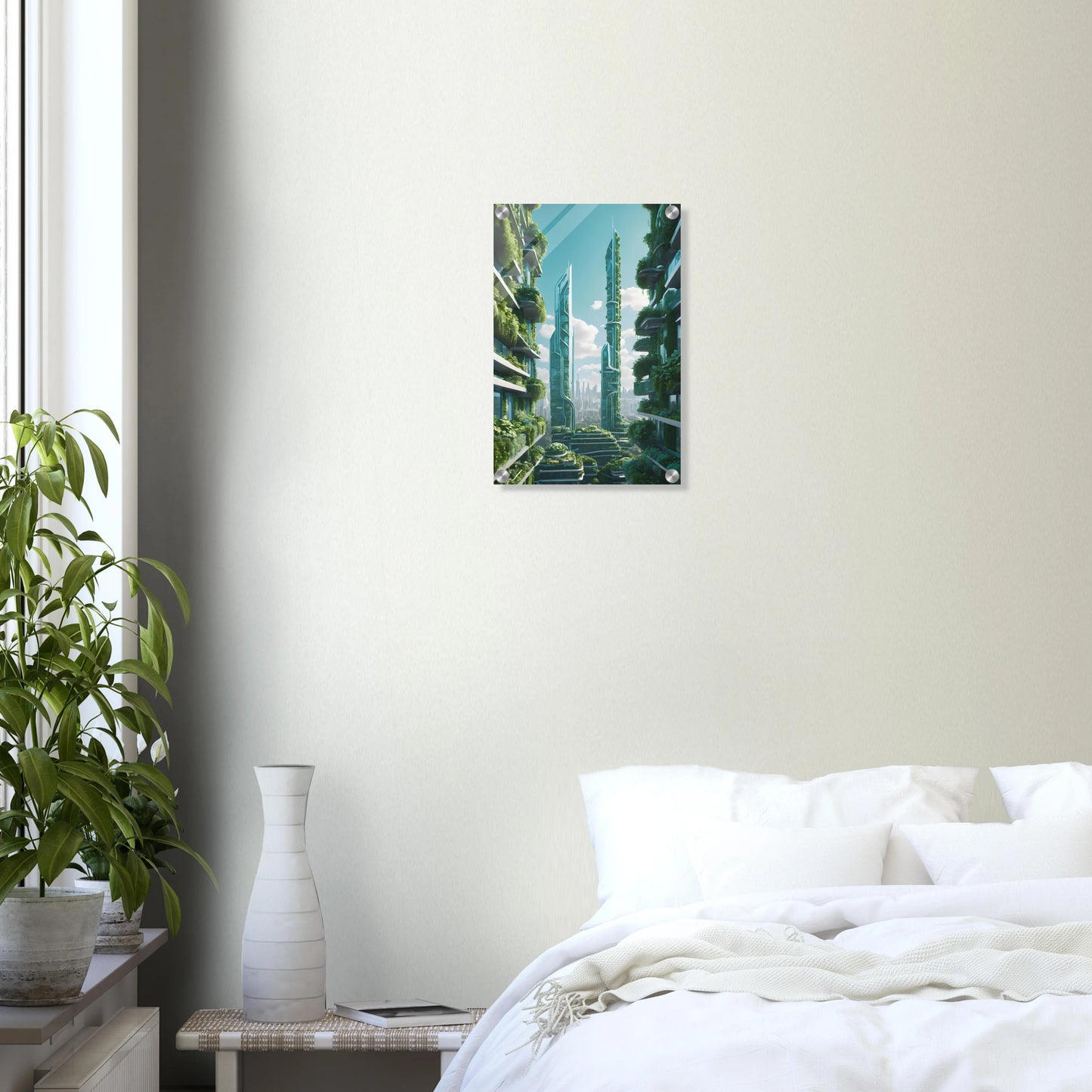 Digitales Kunstwerk einer futuristischen Stadt mit extrem hohen, schlanken Wolkenkratzern, die über und über mit grünen Pflanzen bewachsen sind. 30x45 cm. Acryl