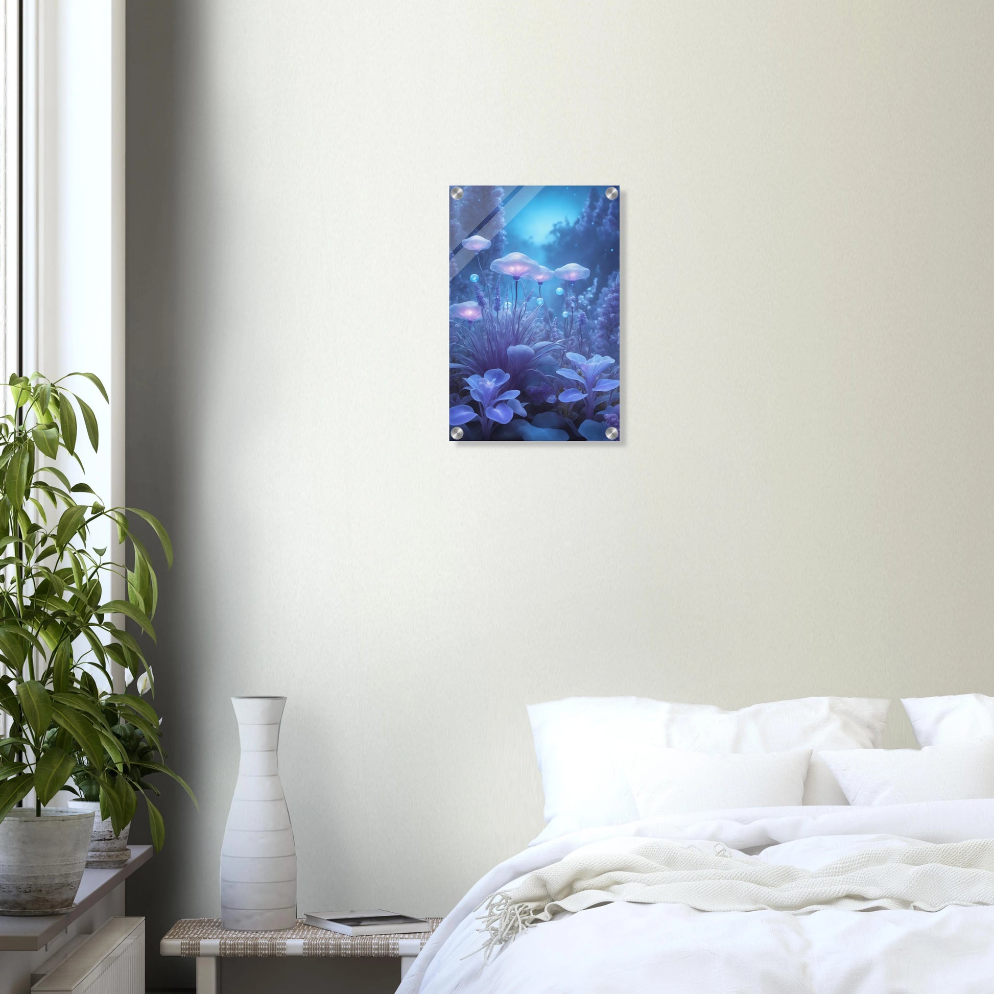 Digitales Kunstwerk einer fantastischen Waldlandschaft mit biolumineszenten, blau leuchtenden Pilzen und Blumen in sanftem Licht. 30x45 cm. Acryl