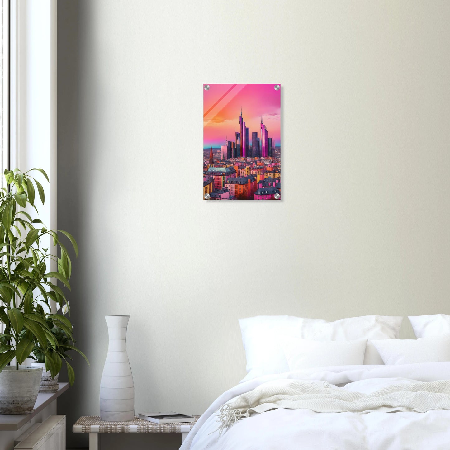 Buntes Wandbild der Frankfurter Skyline in intensiven Pink- und Violetttönen im modernen Pop-Art-Illustrationsstil. 30x45 cm. Acryl