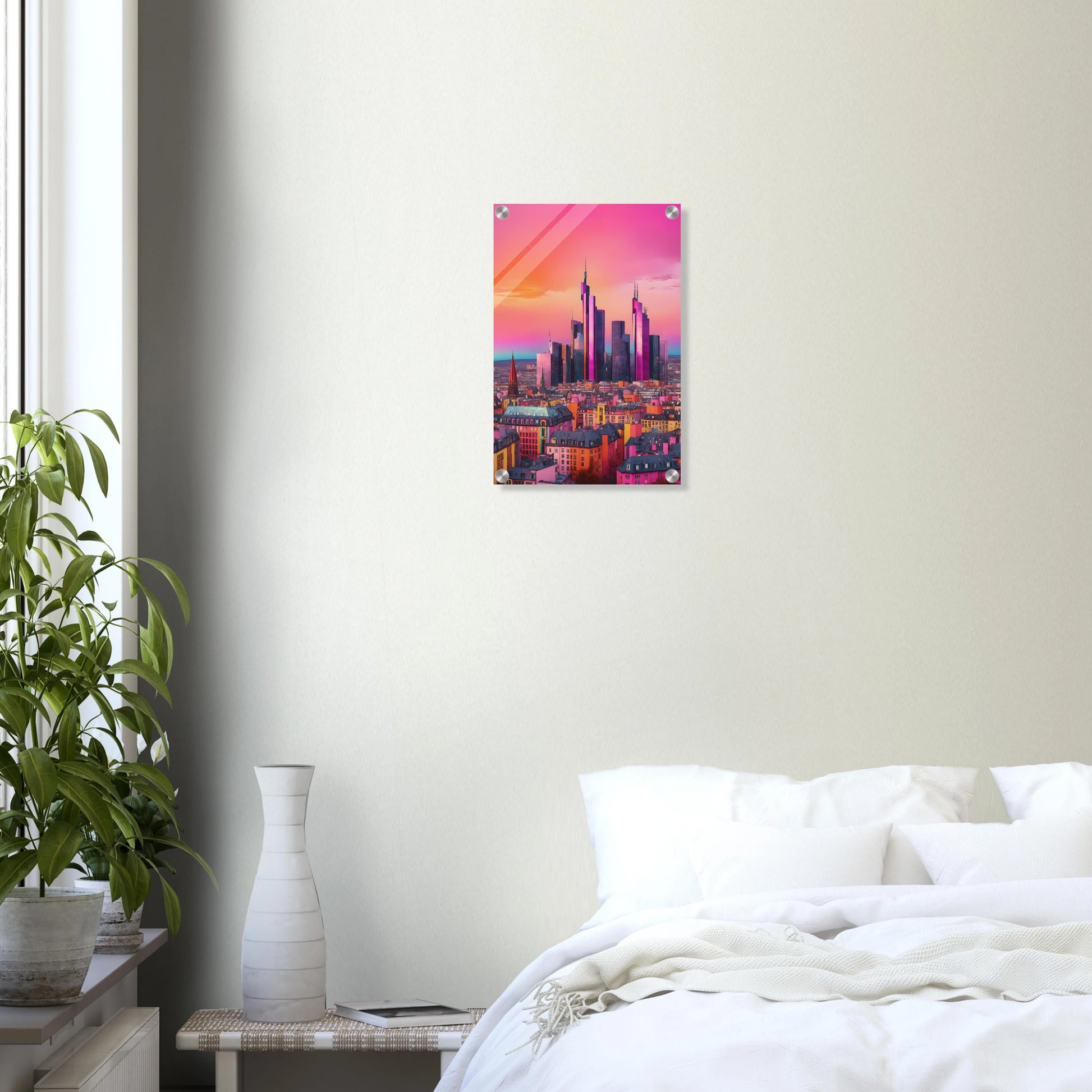 Buntes Wandbild der Frankfurter Skyline in intensiven Pink- und Violetttönen im modernen Pop-Art-Illustrationsstil. 30x45 cm. Acryl