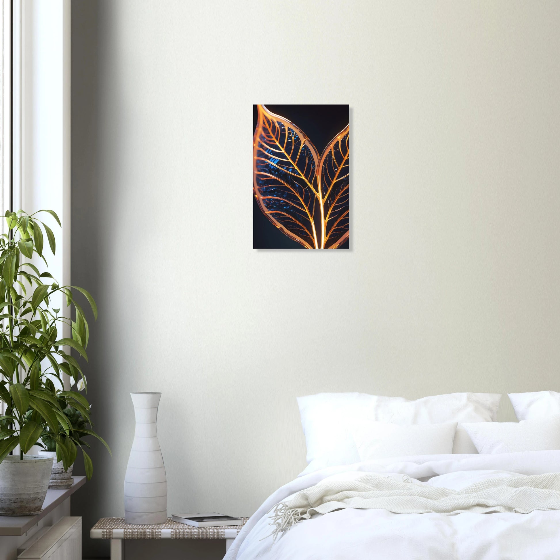 Modernes Wandbild mit zwei goldenen, gläsernen Blättern in Makroaufnahme auf dunklem Hintergrund, Format 30x45 cm. Dibond