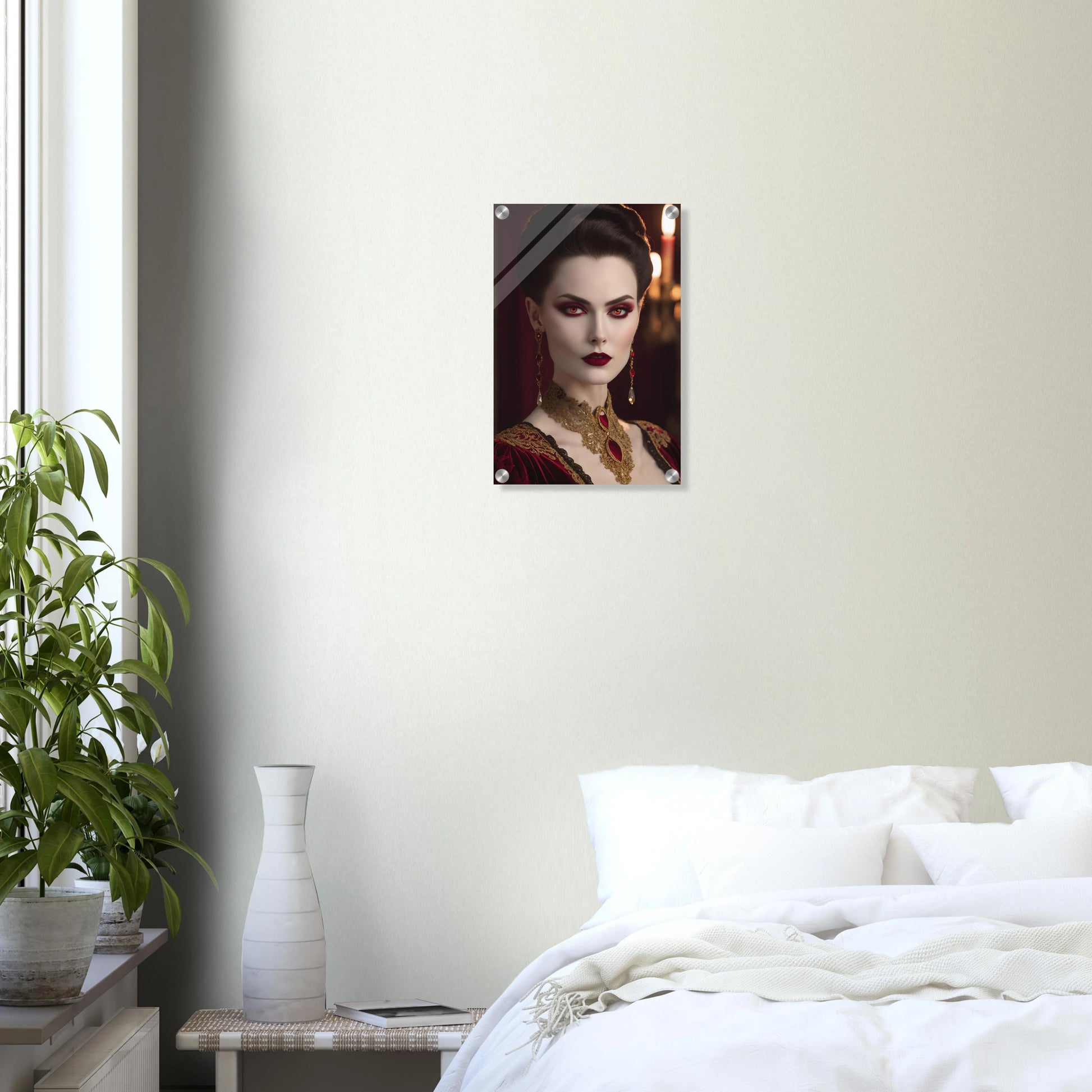 Digitales Porträt einer Frau im Gothic-Stil mit rot leuchtenden Augen, dunklem Haar und opulentem gold-rotem Halsschmuck. 30x45 cm. Acryl