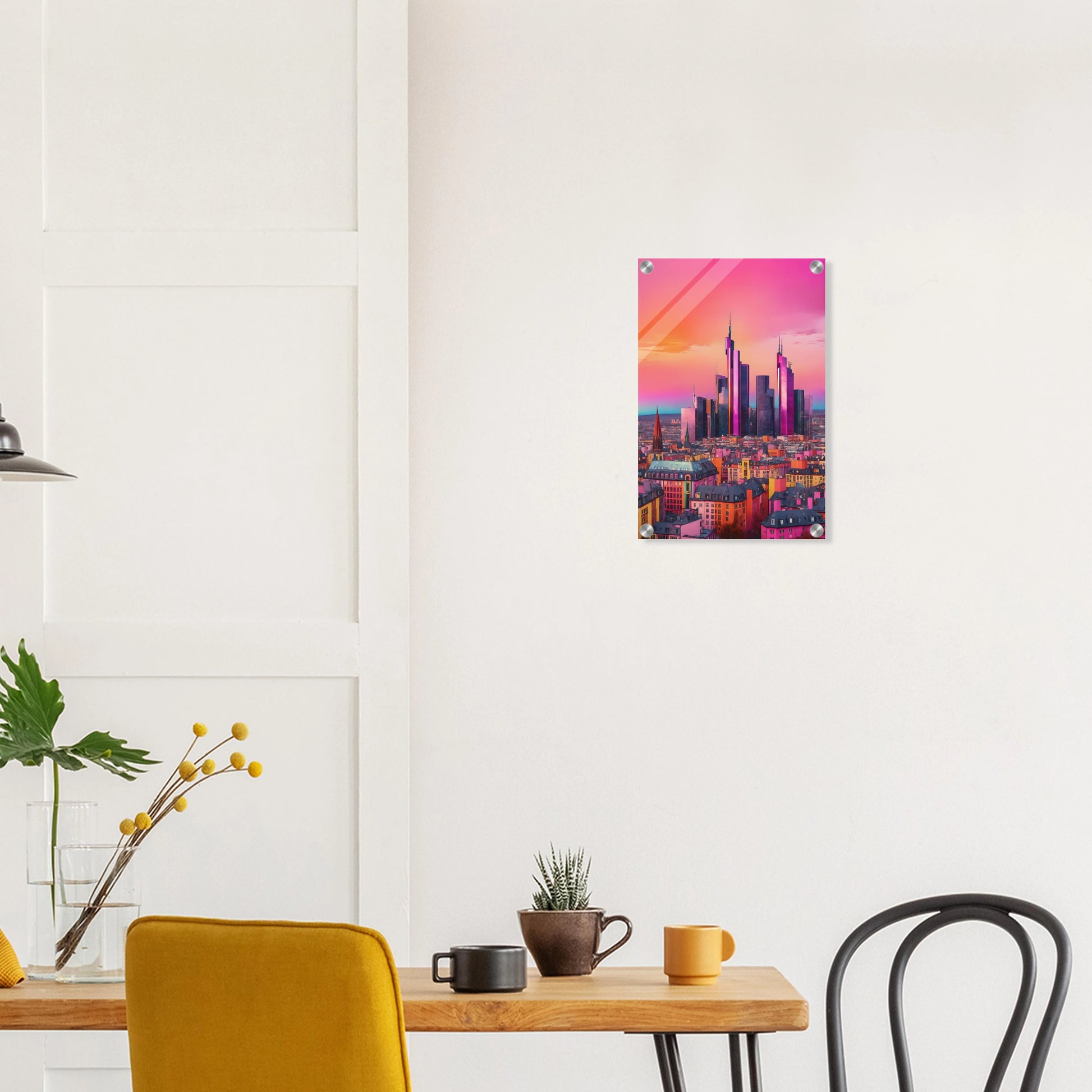 Buntes Wandbild der Frankfurter Skyline in intensiven Pink- und Violetttönen im modernen Pop-Art-Illustrationsstil. 30x45 cm. Acryl