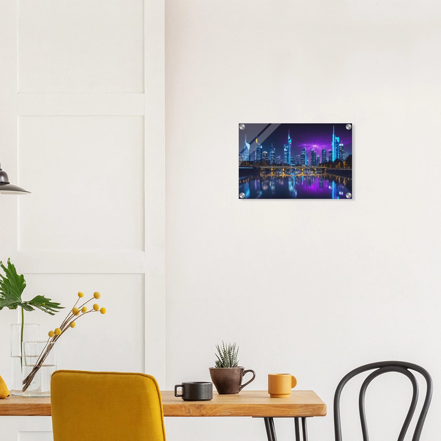Modernes Wandbild der Frankfurter Skyline bei Nacht mit beleuchteten Wolkenkratzern und violetten Lichteffekten am Himmel. 30x45 cm. Acryl