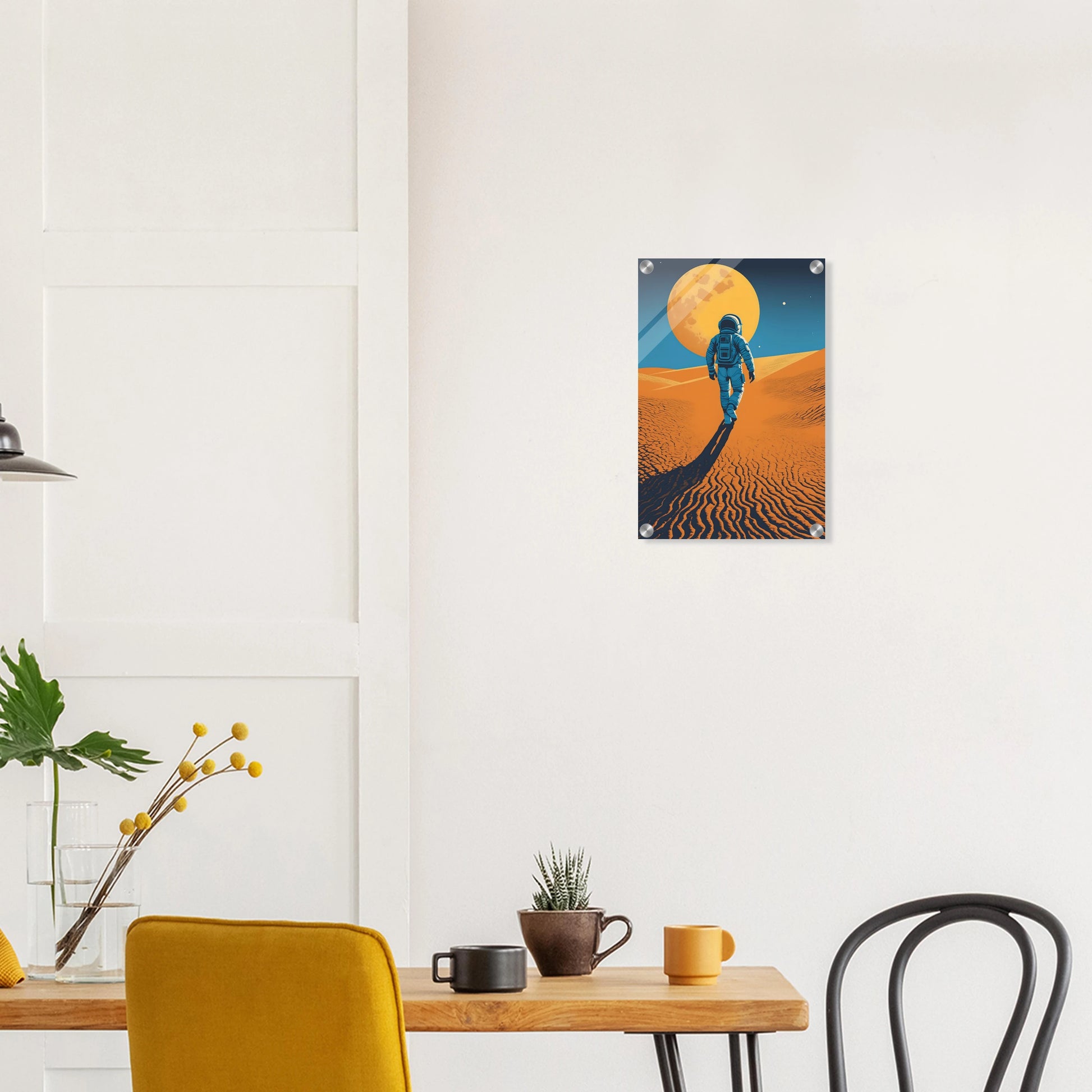 Illustration eines Astronauten, der bei Nacht durch eine orangefarbene Wüstenlandschaft unter einem großen Vollmond wandert. 30x45 cm. Acryl