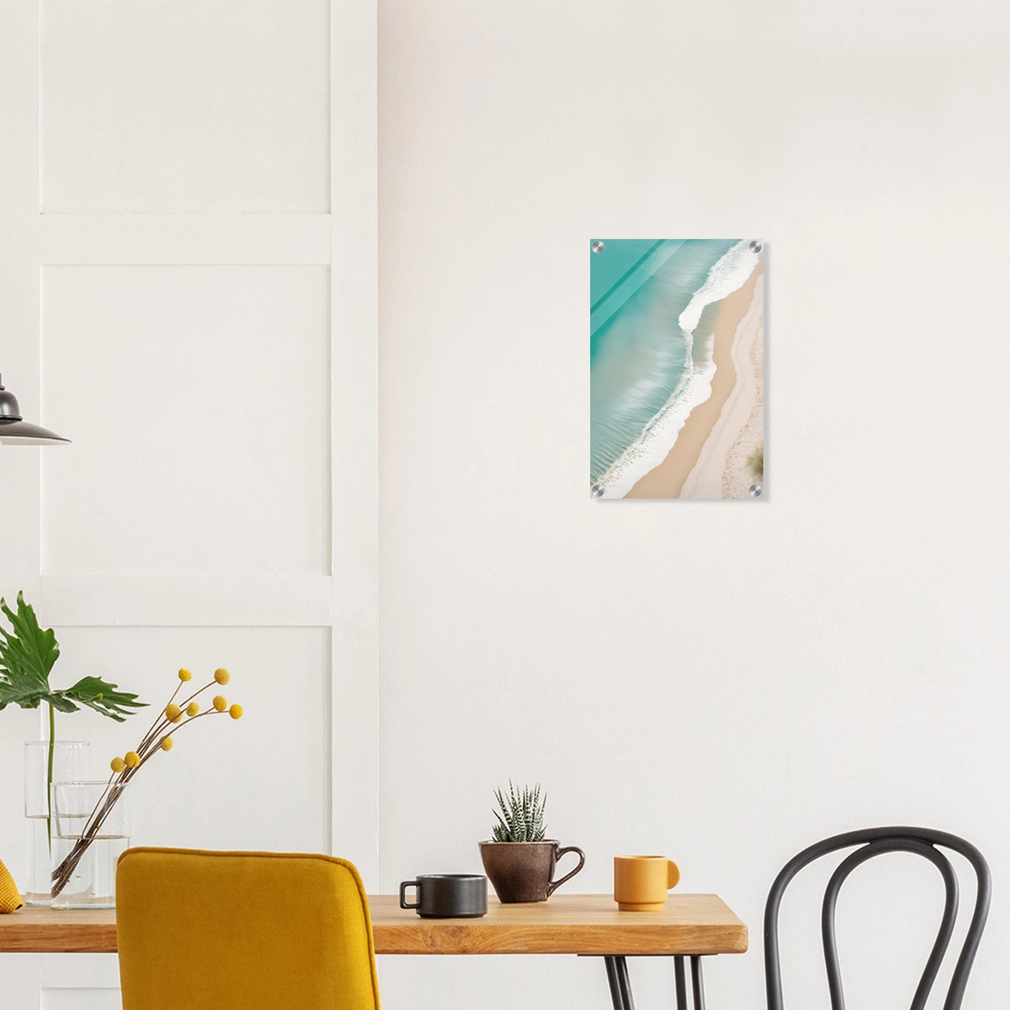 Traumhaftes Strand-Wandbild: Türkisfarbenes Meer und weißer Sand aus der Luftaufnahme. Minimalistisches Küsten-Design für Ihr Zuhause. Jetzt online kaufen! 30x45 cm. Acryl