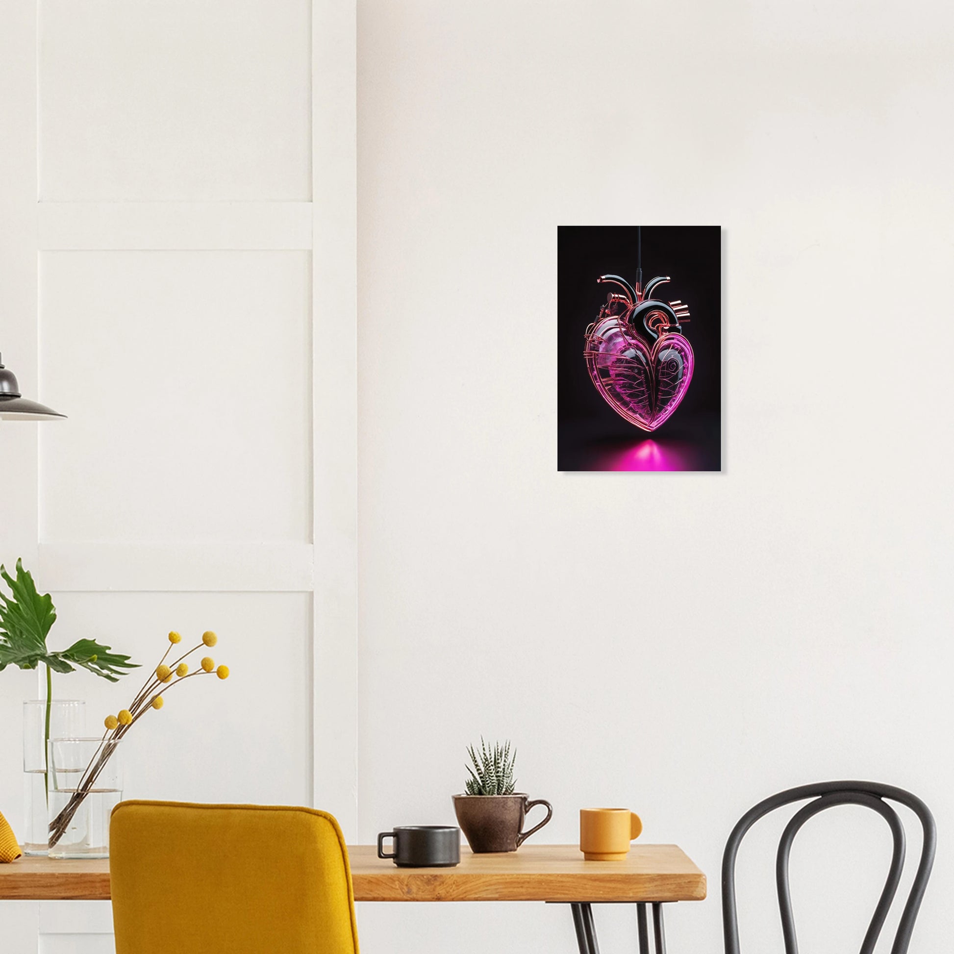 Digitales Kunstwerk eines anatomischen Herzens mit leuchtend pinken Neon-Strukturen und glänzenden schwarzen Oberflächen auf dunklem Grund. 30x45 cm. Dibond