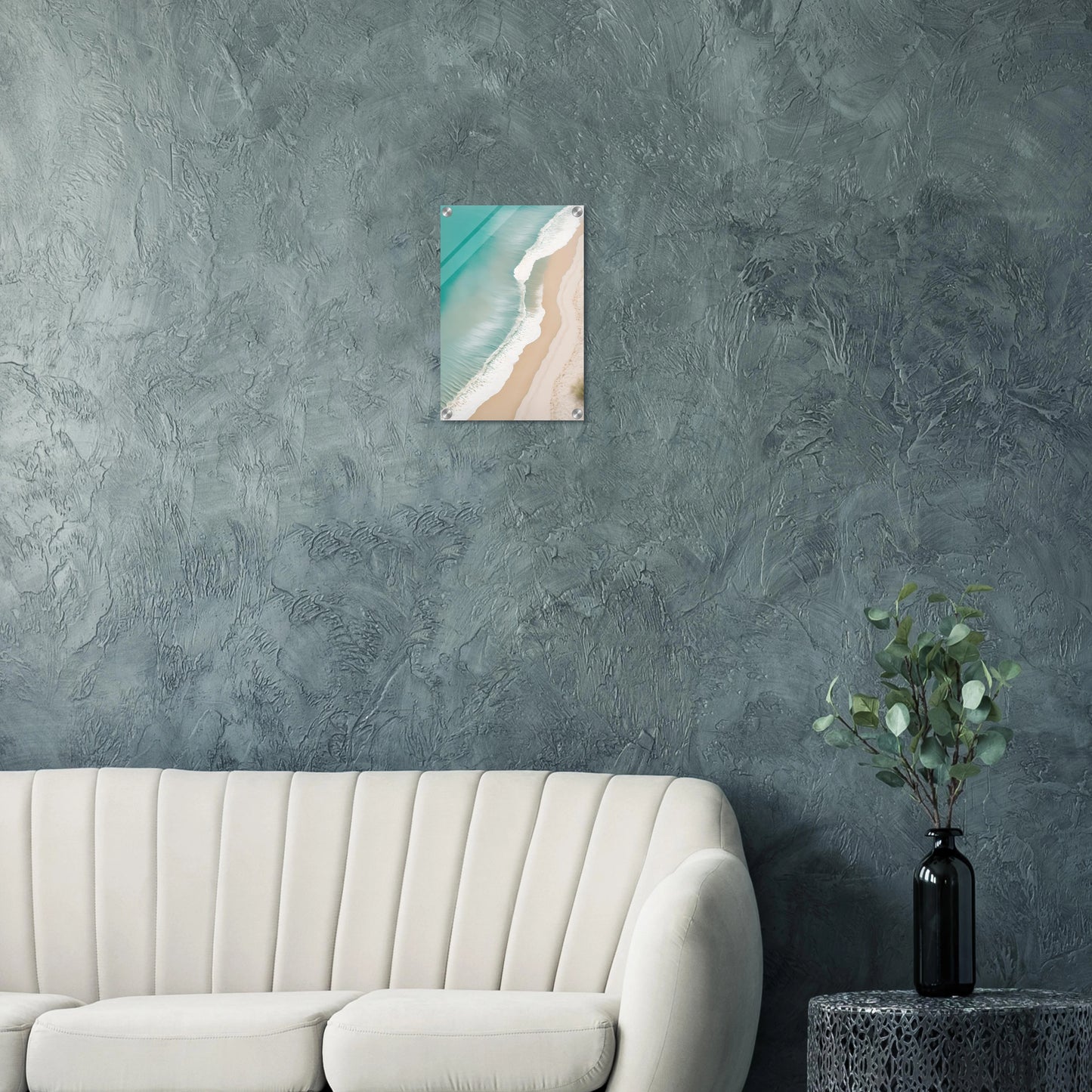 Traumhaftes Strand-Wandbild: Türkisfarbenes Meer und weißer Sand aus der Luftaufnahme. Minimalistisches Küsten-Design für Ihr Zuhause. Jetzt online kaufen! 30x45 cm. Acryl