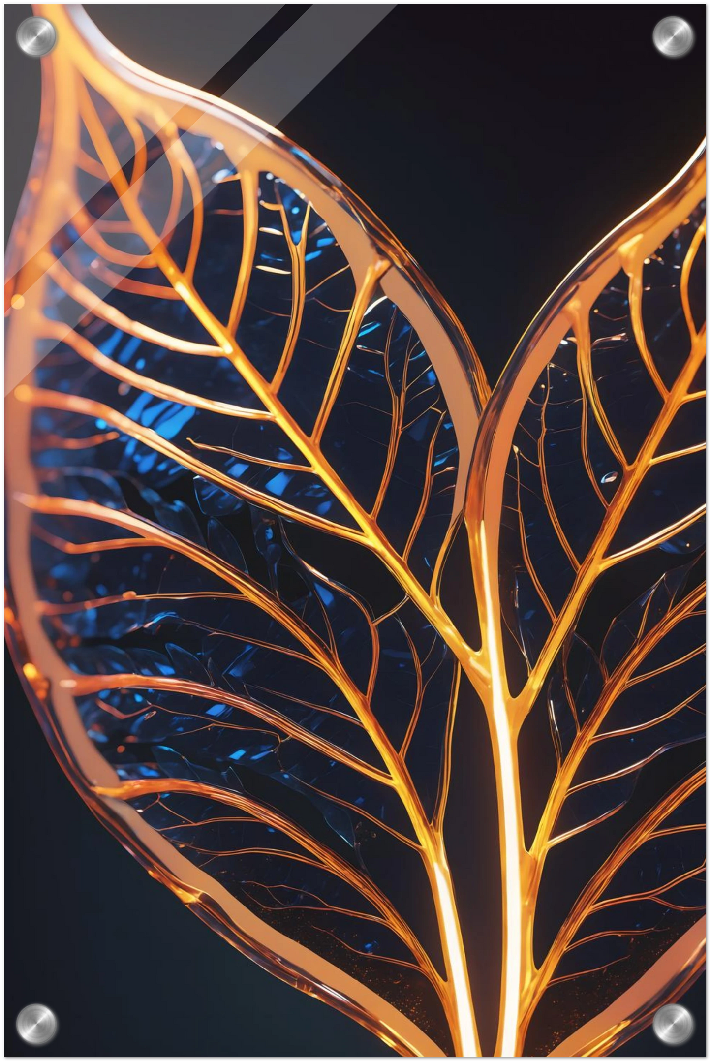 Modernes Wandbild mit zwei goldenen, gläsernen Blättern in Makroaufnahme auf dunklem Hintergrund, Format 30x45 cm. Acryl