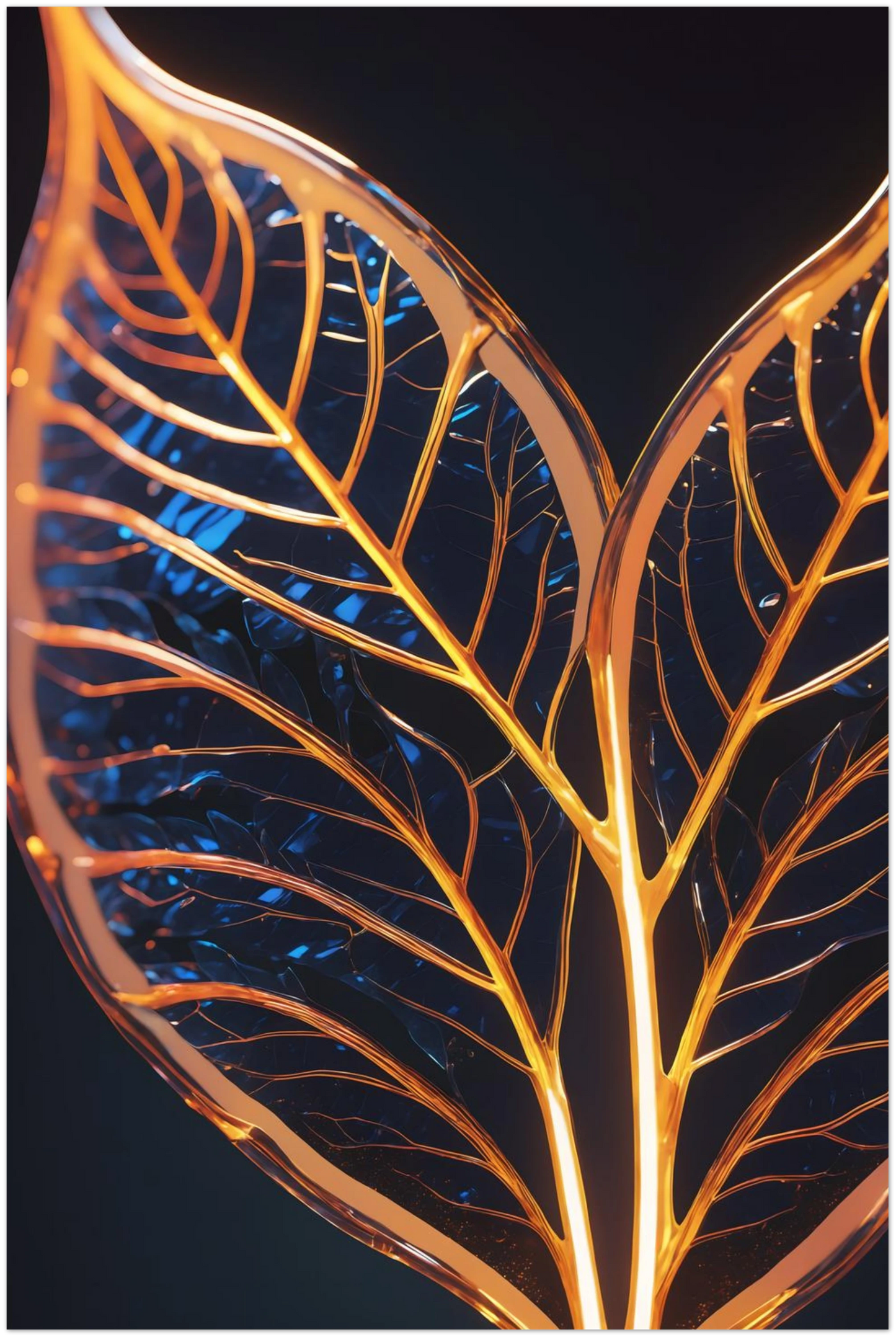 Modernes Wandbild mit zwei goldenen, gläsernen Blättern in Makroaufnahme auf dunklem Hintergrund, Format 30x45 cm. Dibond