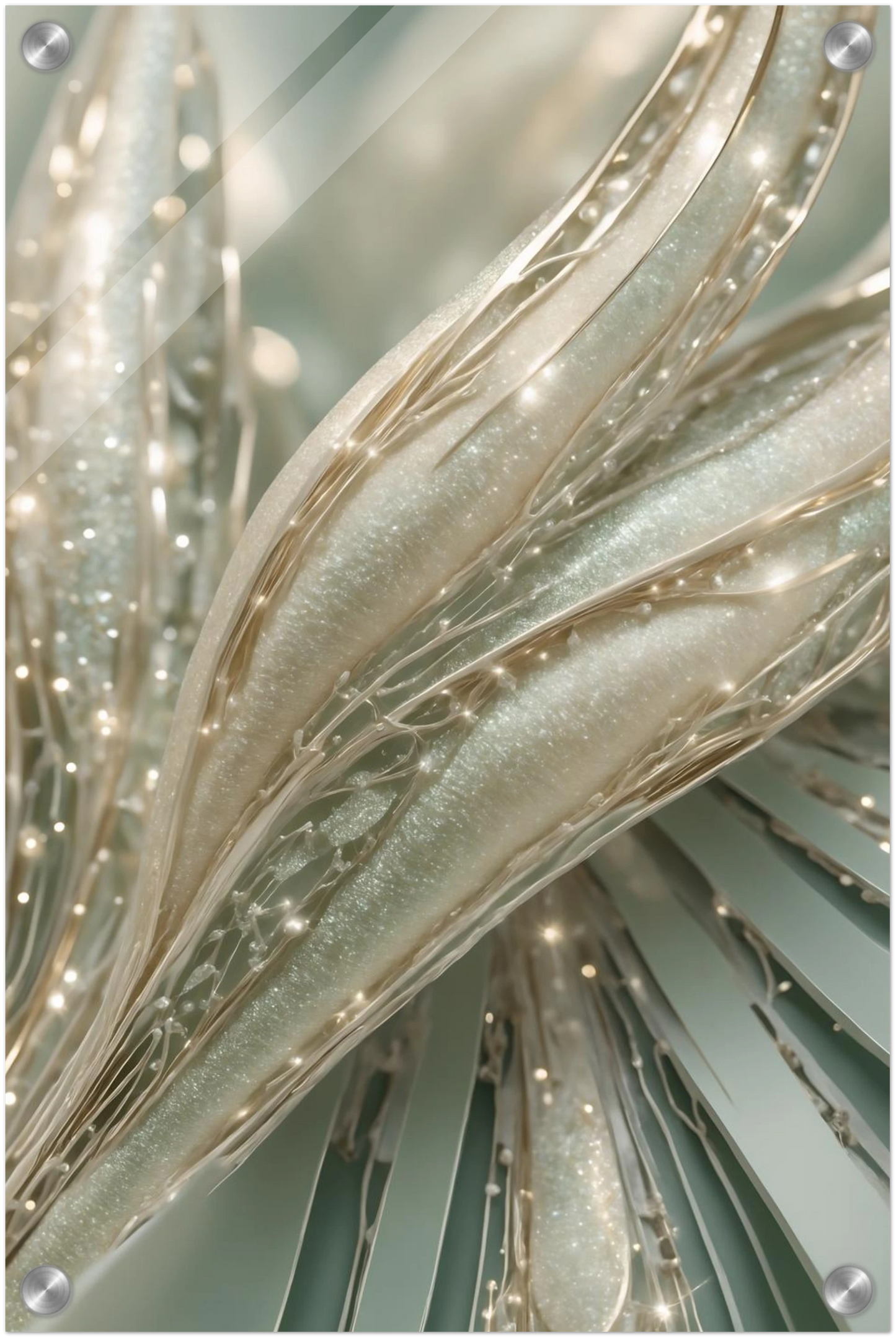 Abstraktes Kunstwerk mit organischen, cremefarbenen Strukturen, glitzernden Kristalldetails und weißen Perlen. 30x45 cm. Acryl