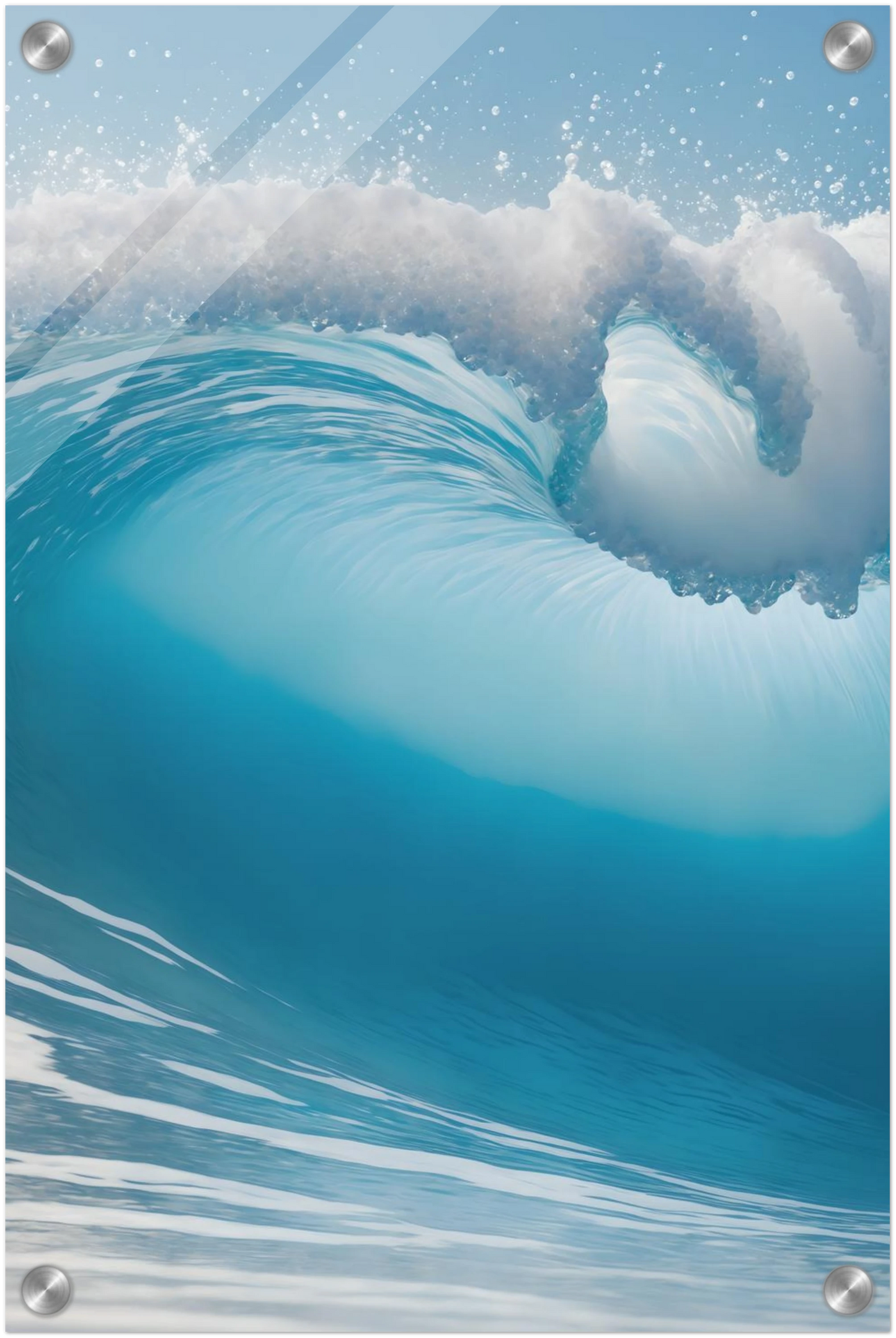 Abstraktes Wandbild einer brechenden Meereswelle in Türkis und Blau mit weißer Gischt. 30x45 cm. Acryl