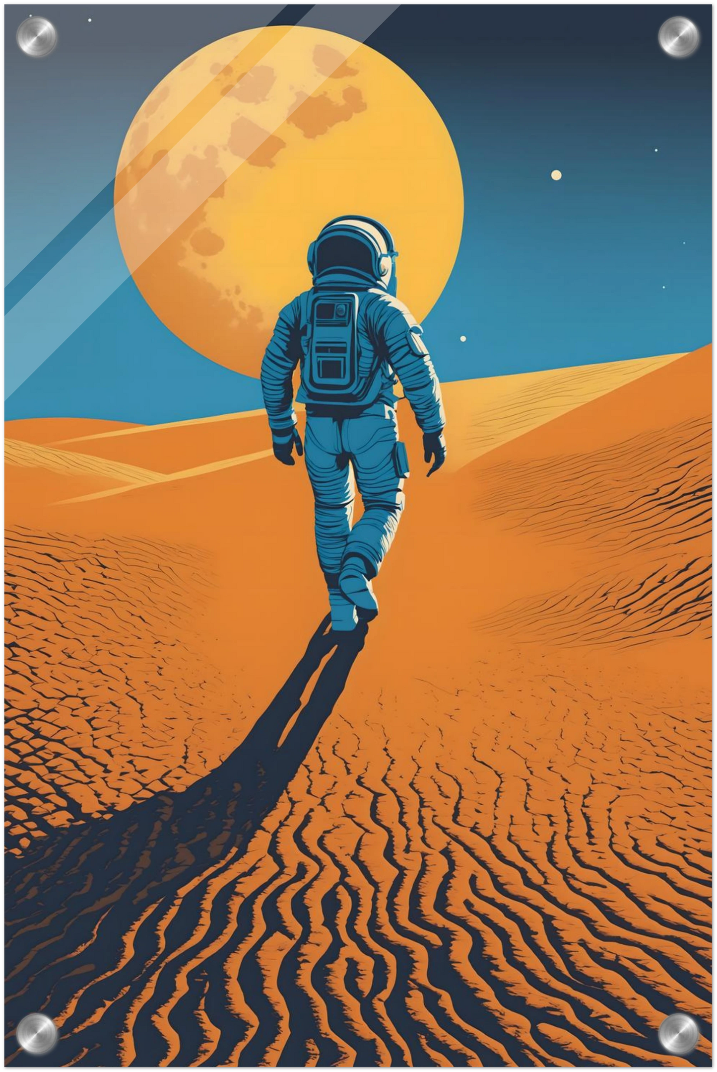 Illustration eines Astronauten, der bei Nacht durch eine orangefarbene Wüstenlandschaft unter einem großen Vollmond wandert. 30x45 cm. Acryl