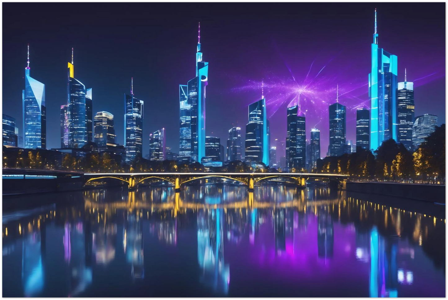 Modernes Wandbild der Frankfurter Skyline bei Nacht mit beleuchteten Wolkenkratzern und violetten Lichteffekten am Himmel. 30x45 cm. Dibond