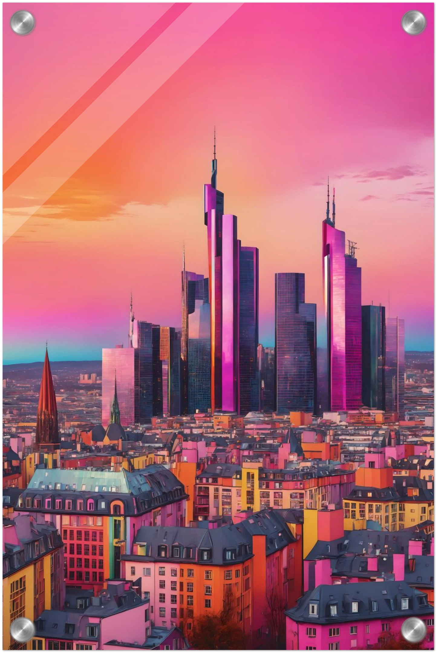 Buntes Wandbild der Frankfurter Skyline in intensiven Pink- und Violetttönen im modernen Pop-Art-Illustrationsstil. 30x45 cm. Acryl