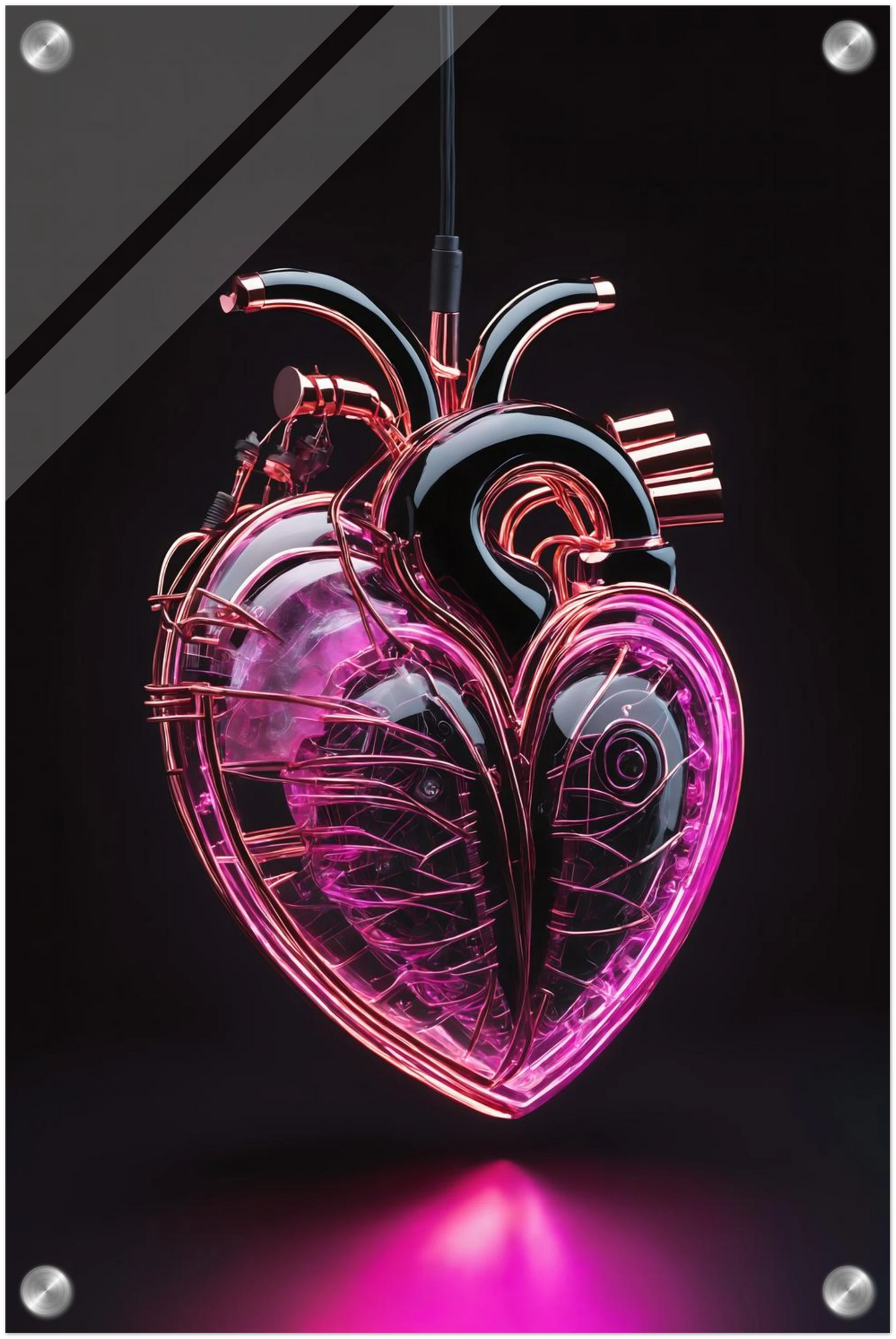 Digitales Kunstwerk eines anatomischen Herzens mit leuchtend pinken Neon-Strukturen und glänzenden schwarzen Oberflächen auf dunklem Grund. 30x45 cm. Acryl