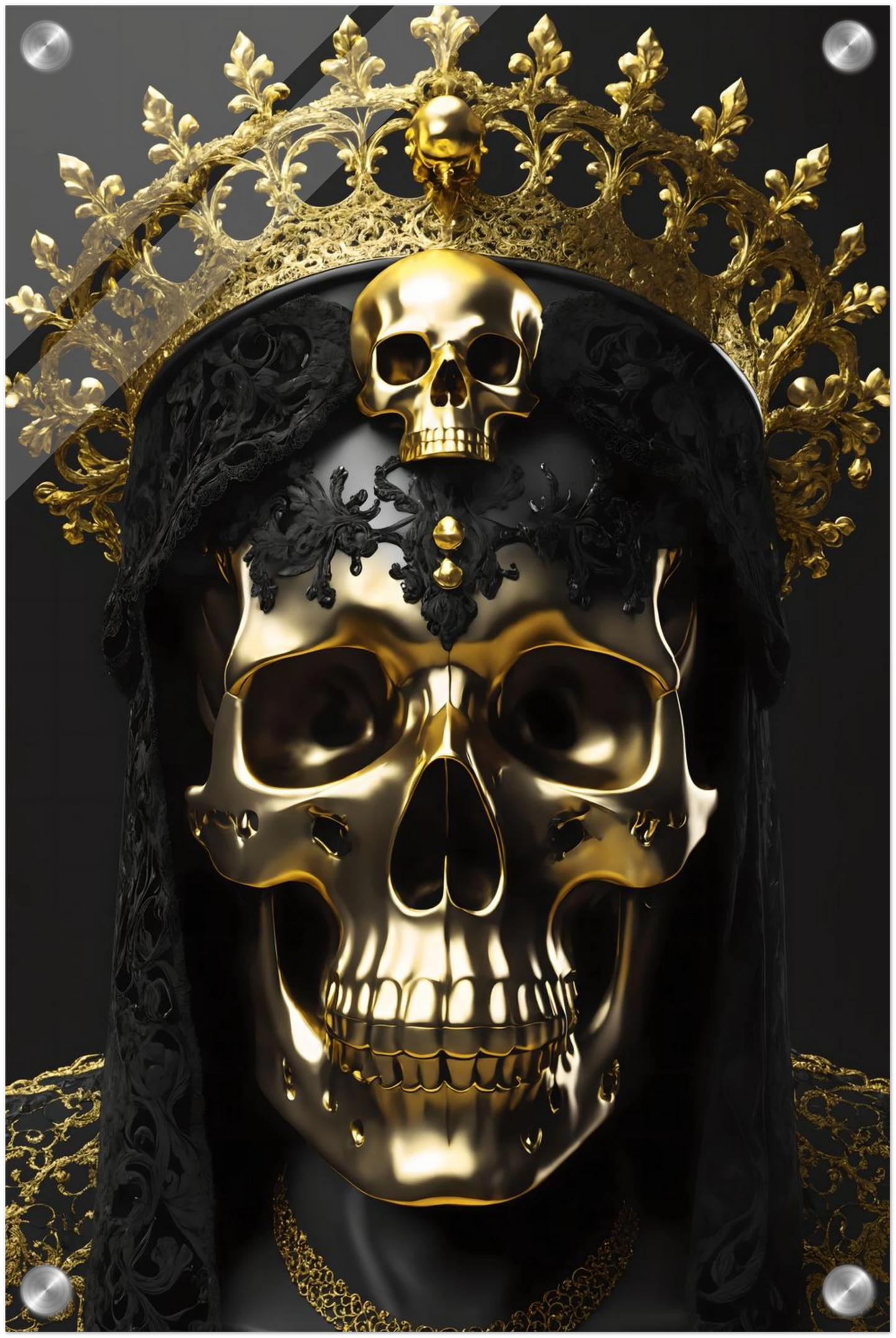 Modernes Wandbild eines golden glänzenden Schädels mit einer großen, filigranen Goldkrone vor dunklem Hintergrund. 30x45 cm. Acryl