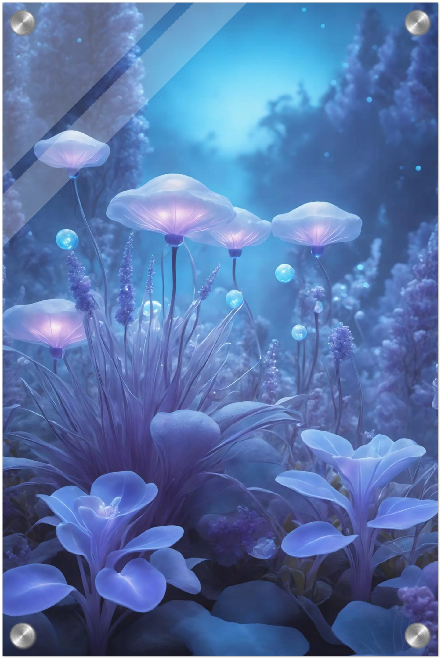 Digitales Kunstwerk einer fantastischen Waldlandschaft mit biolumineszenten, blau leuchtenden Pilzen und Blumen in sanftem Licht. 30x45 cm. Acryl