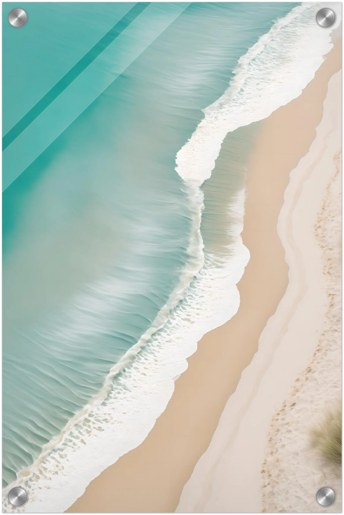 Traumhaftes Strand-Wandbild: Türkisfarbenes Meer und weißer Sand aus der Luftaufnahme. Minimalistisches Küsten-Design für Ihr Zuhause. Jetzt online kaufen! 30x45 cm. Acryl