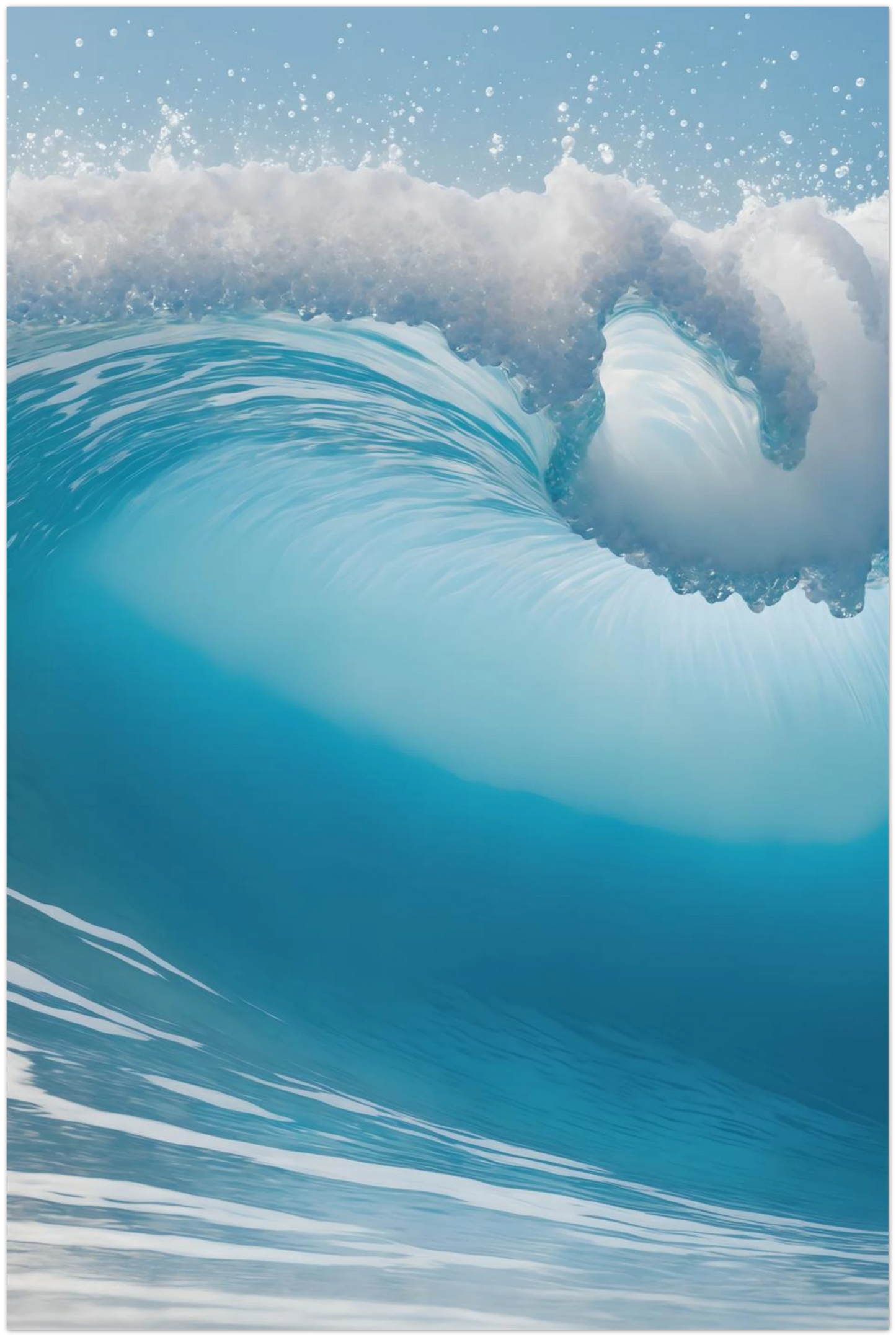 Abstraktes Wandbild einer brechenden Meereswelle in Türkis und Blau mit weißer Gischt. 30x45 cm. Dibond