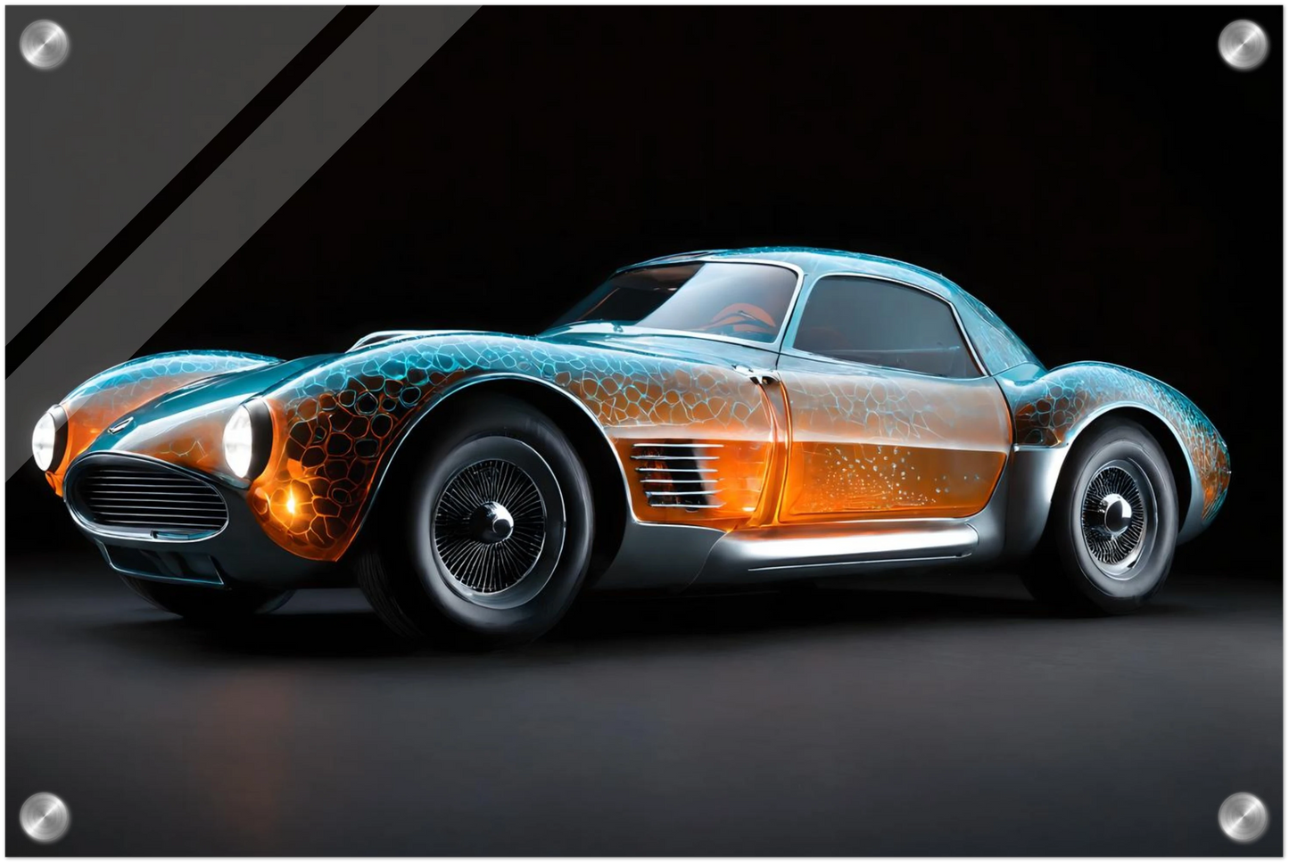 Digitales Kunstwerk eines klassischen Sportwagens mit einer transparenten, bernsteinfarbenen Karosserie und blauen Lichtreflexen. 30x45 cm. Acryl
