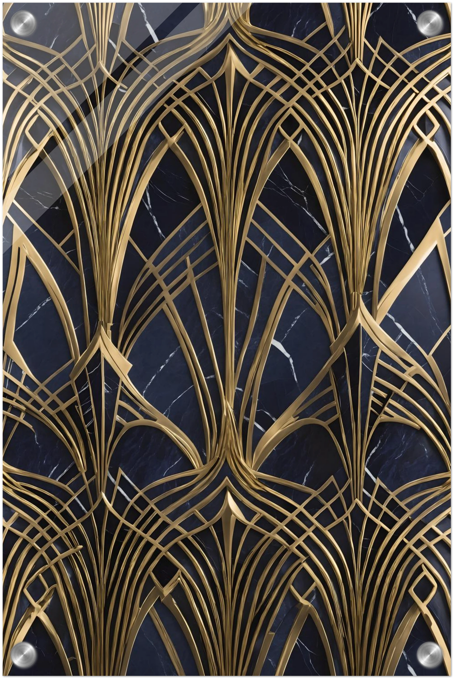 Modernes Wandbild mit goldenen, symmetrischen Art-Déco-Bögen auf einem dunkelblauen, marmorierten Hintergrund. 30x45 cm. Acryl
