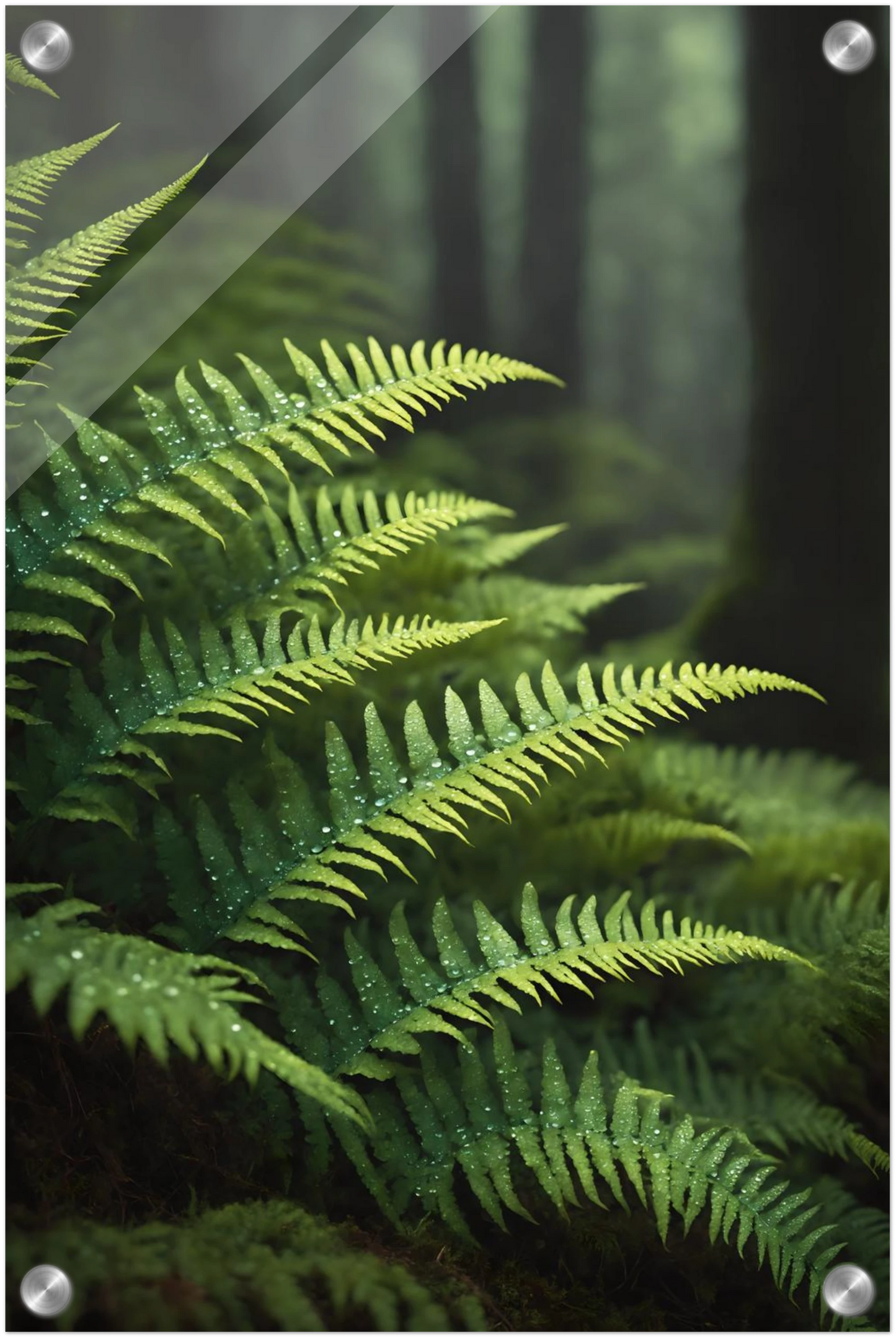 Nahaufnahme von grünen Farnwedeln mit Tautropfen in einem dichten, nebligen Wald mit weichem Hintergrund. 30x45 cm. Acryl