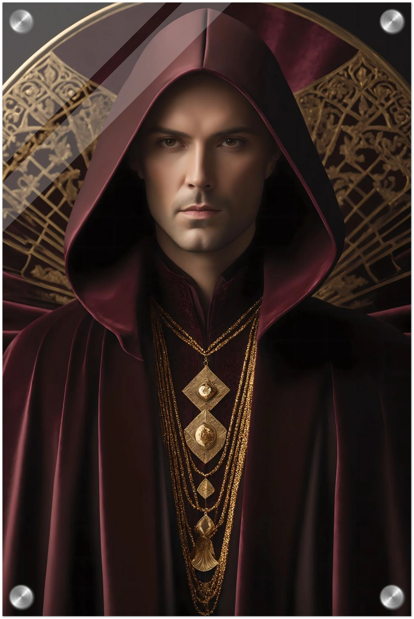 Digitales Kunstwerk einer männlichen Gestalt mit purpurner Kapuze, goldenen Ketten und kunstvollem Hintergrund. 30x45 cm. Acryl