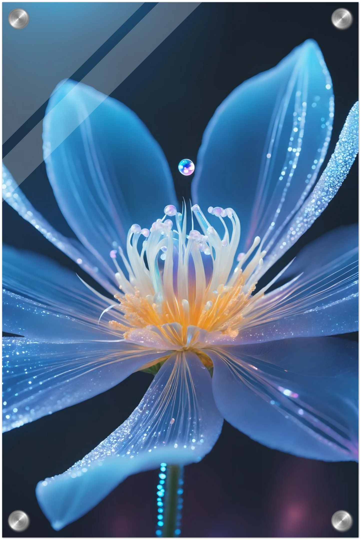 Digitales Wandbild einer blau leuchtenden Blüte mit goldenem Kern und schimmernden Lichtpartikeln auf dunklem Grund. 30x45 cm. Acryl