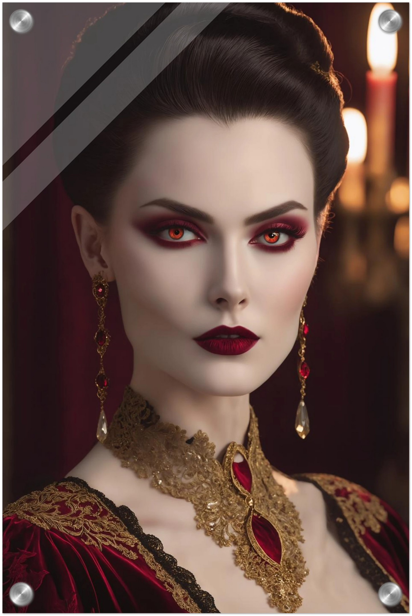Digitales Porträt einer Frau im Gothic-Stil mit rot leuchtenden Augen, dunklem Haar und opulentem gold-rotem Halsschmuck. 30x45 cm. Acryl