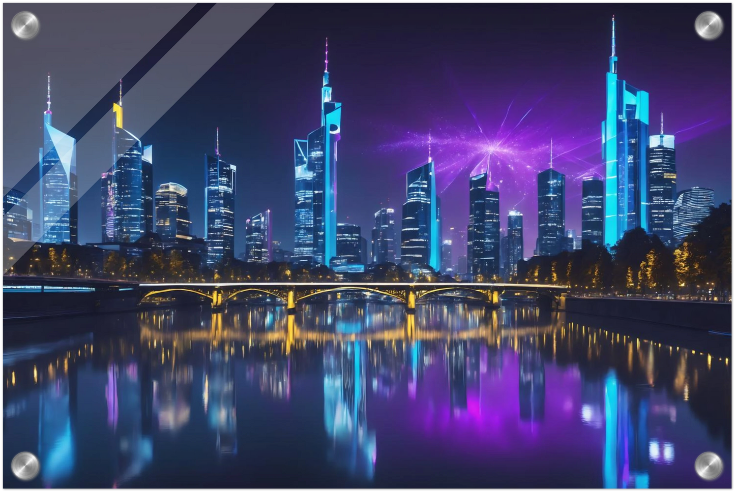 Modernes Wandbild der Frankfurter Skyline bei Nacht mit beleuchteten Wolkenkratzern und violetten Lichteffekten am Himmel. 30x45 cm. Acryl