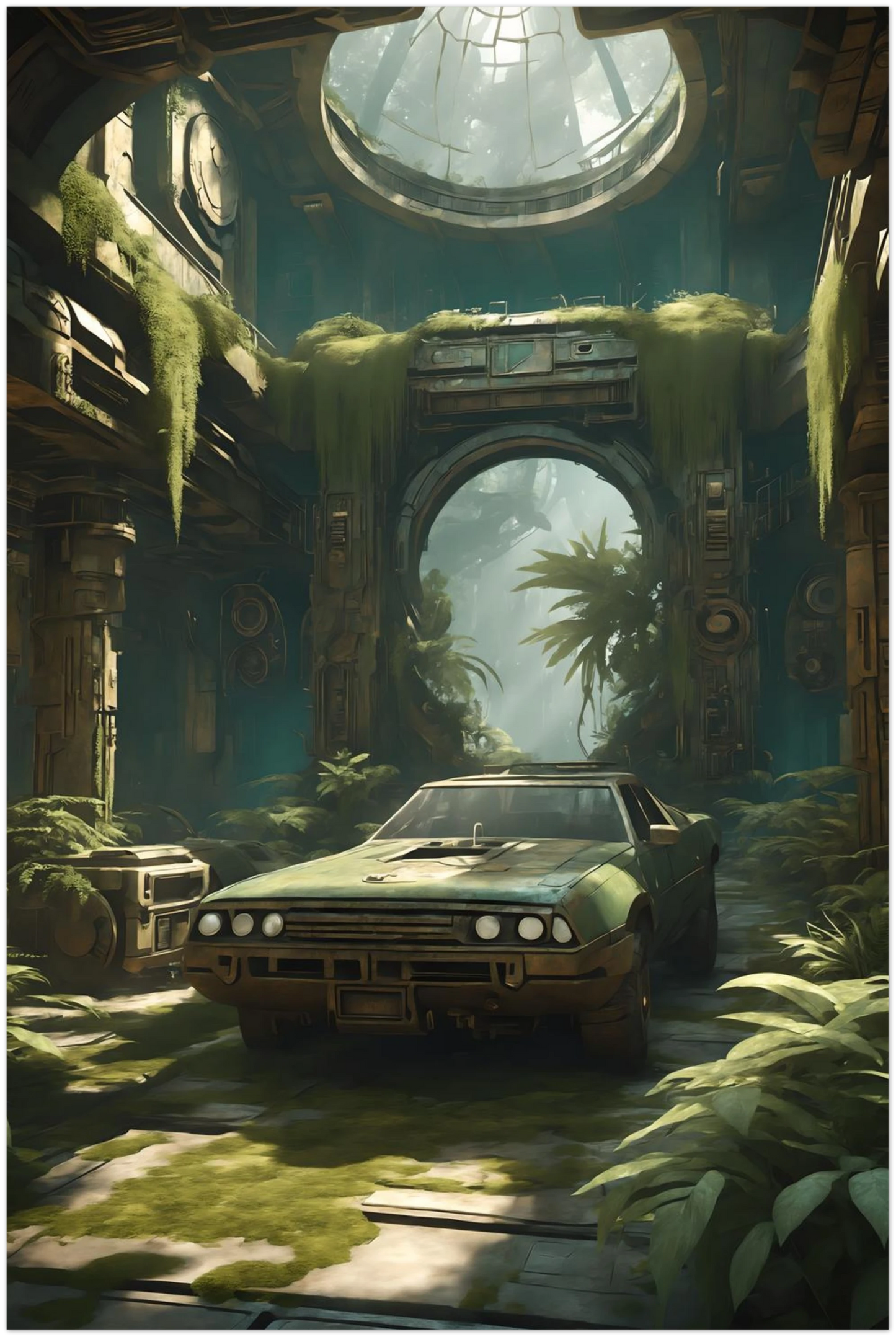 Digitales Kunstwerk eines alten, grünen Autos in einer großen, von Pflanzen und Moos bewachsenen Tempel-Ruine mit Lichteinfall von oben. 30x45 cm. Dibond