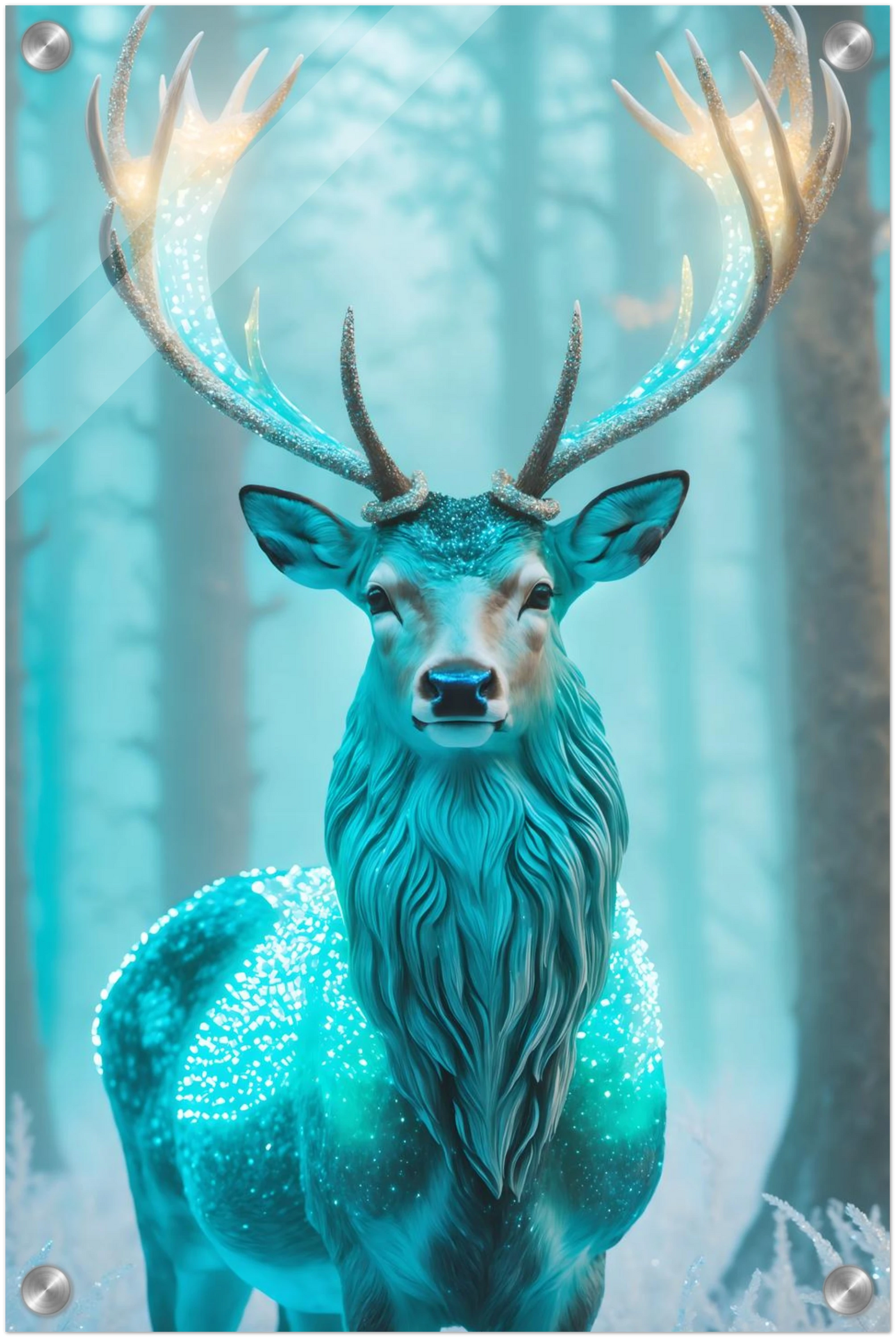 Digitales Kunstwerk eines Hirsches mit einem hell leuchtenden, kristallinen Geweih in einem nebligen blauen Winterwald. 30x45 cm. Acryl