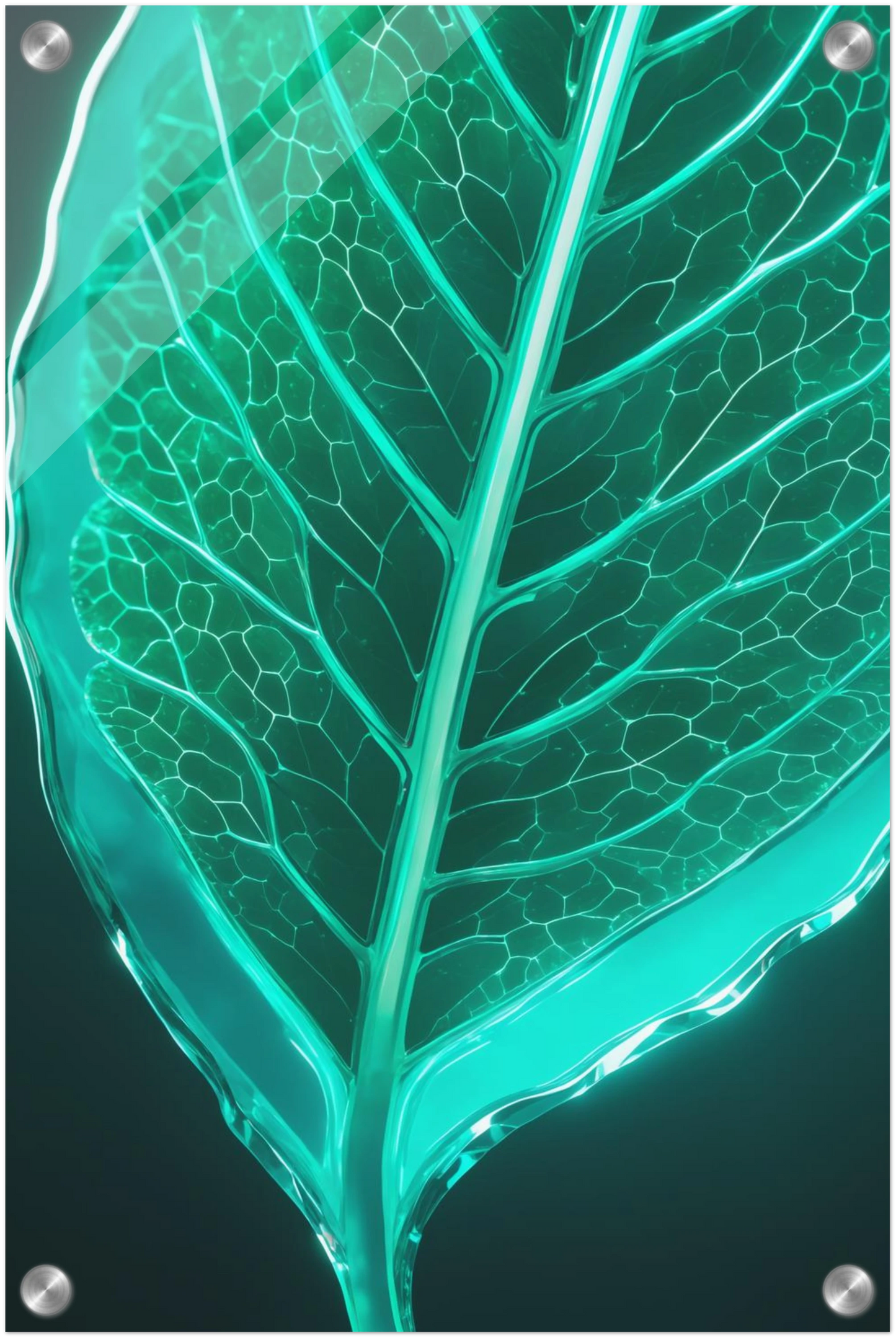 Modernes Wandbild eines leuchtenden, türkisfarbenen Blattes in transparenter Glas-Optik mit sichtbaren Blattadern. 30x45 cm. Acryl