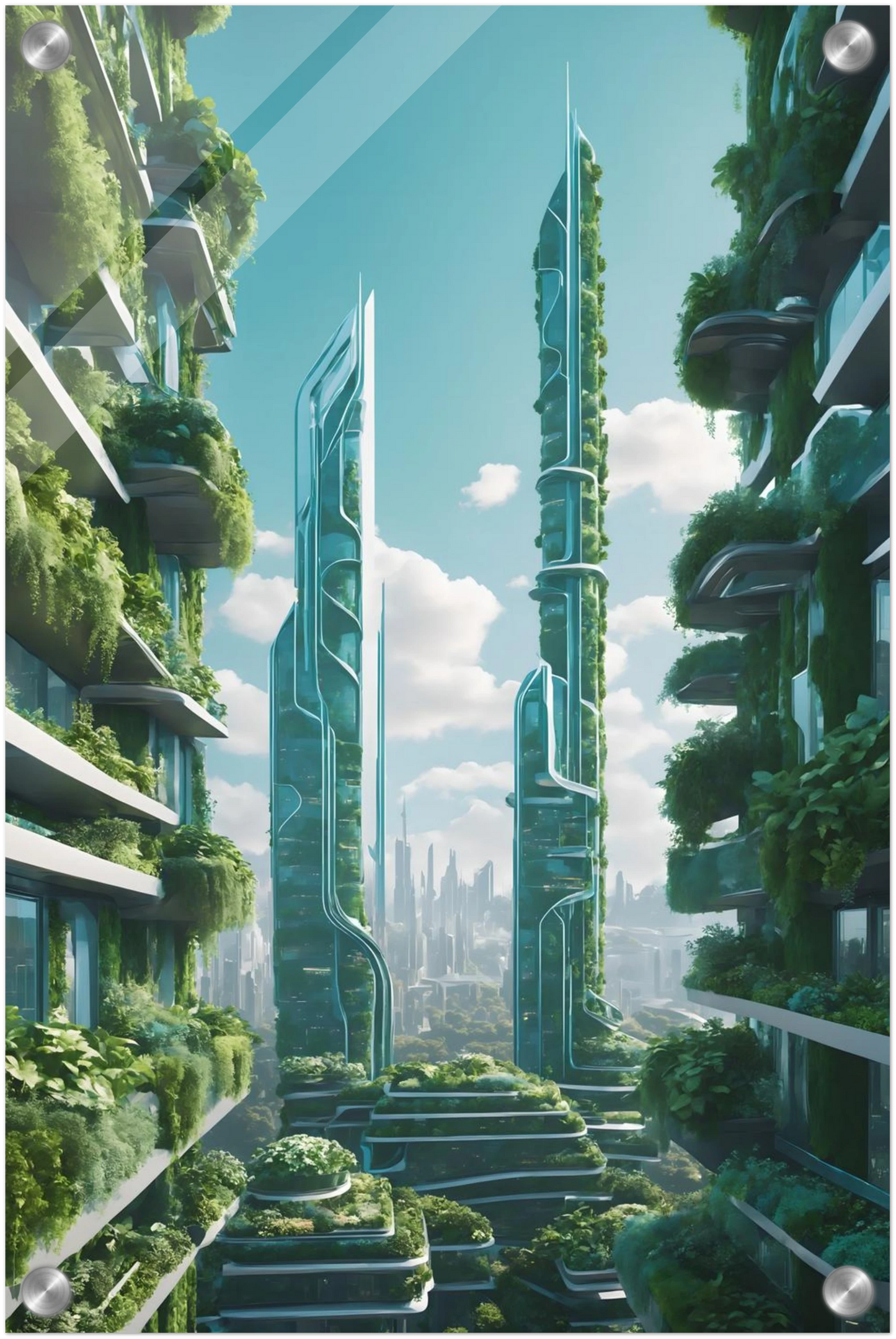 Digitales Kunstwerk einer futuristischen Stadt mit extrem hohen, schlanken Wolkenkratzern, die über und über mit grünen Pflanzen bewachsen sind. 30x45 cm. Acryl