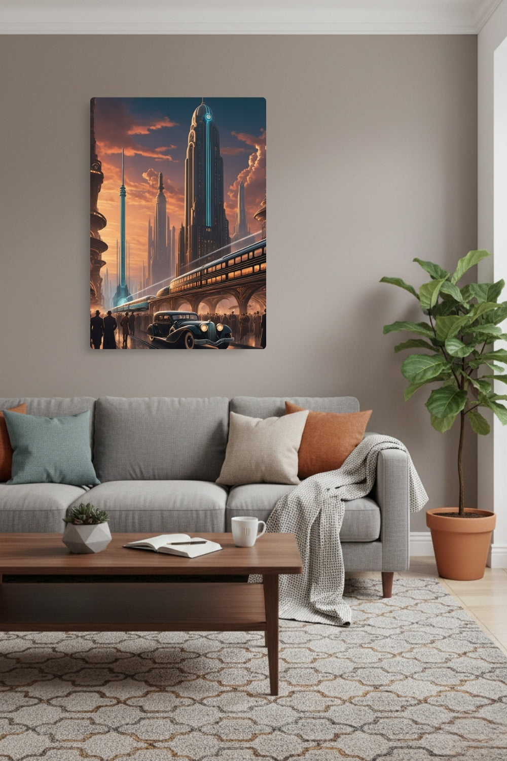 Cineastische Szene einer futuristischen Stadt im Art-Déco-Stil mit einem schwarzen Oldtimer, einem modernen Schnellzug und einer Skyline im goldenen Sonnenuntergang Brushed