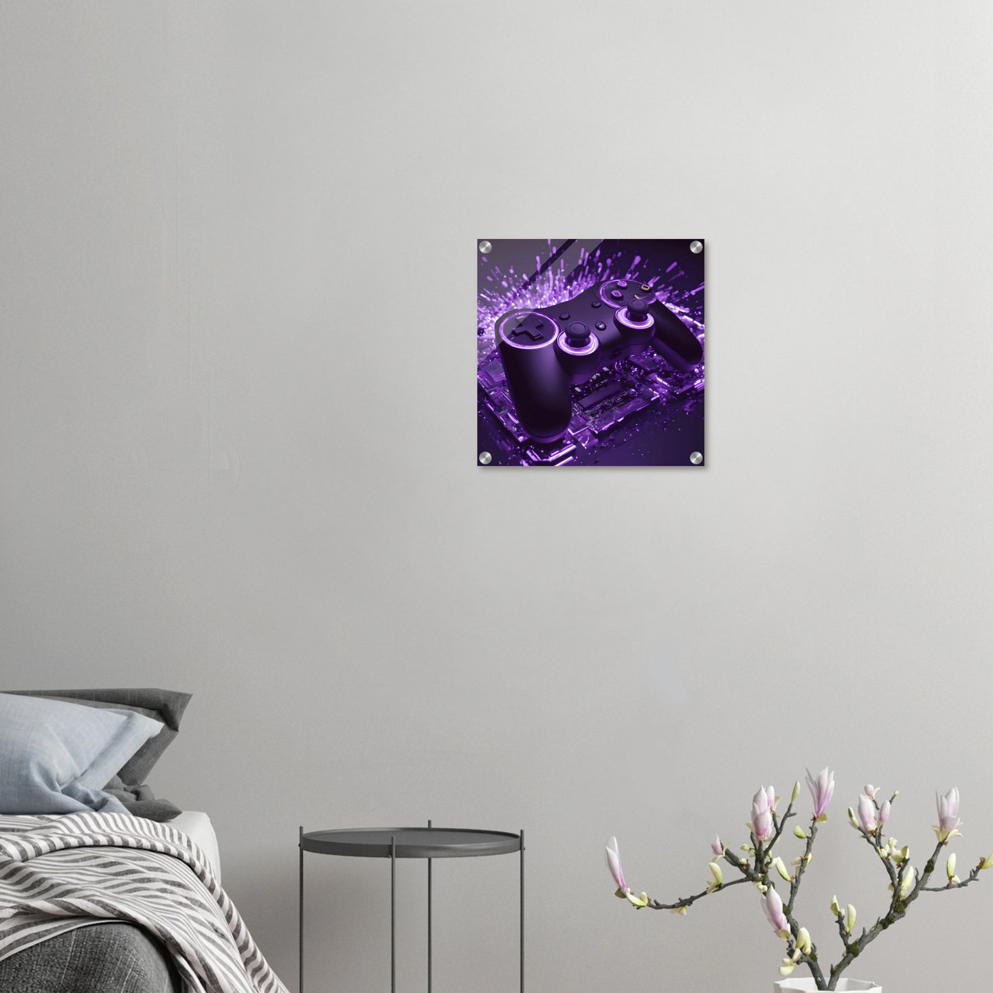 Modernes Gaming-Wandbild mit einem schwarzen Controller, der von violettem Neonlicht und Lichtpartikeln umgeben ist.40x40 cm. Acryl