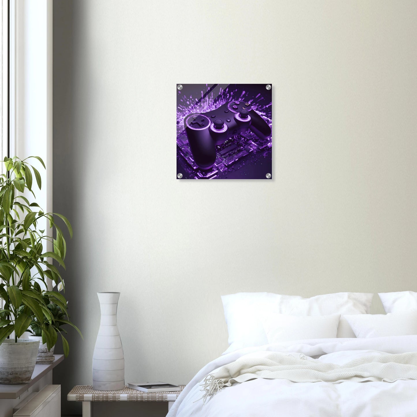 Modernes Gaming-Wandbild mit einem schwarzen Controller, der von violettem Neonlicht und Lichtpartikeln umgeben ist.40x40 cm. Acryl