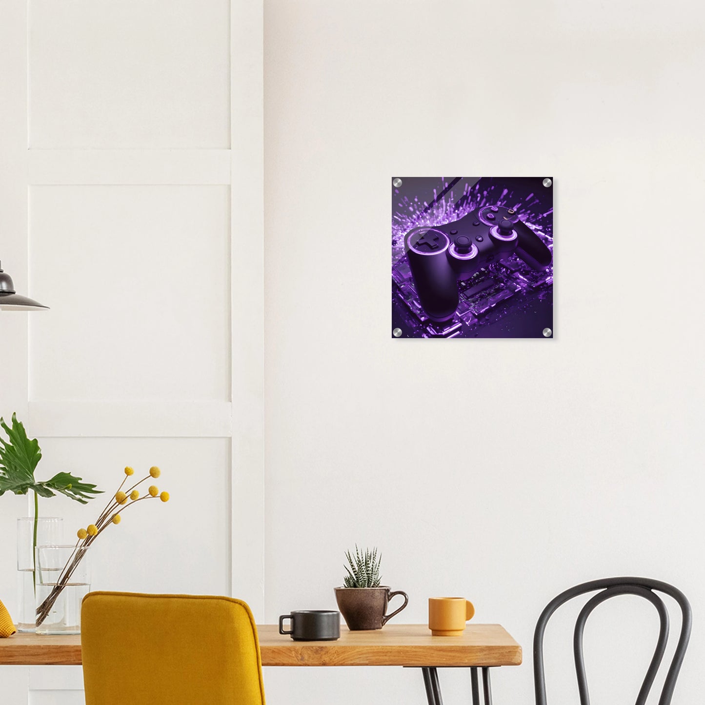 Modernes Gaming-Wandbild mit einem schwarzen Controller, der von violettem Neonlicht und Lichtpartikeln umgeben ist.40x40 cm. Acryl