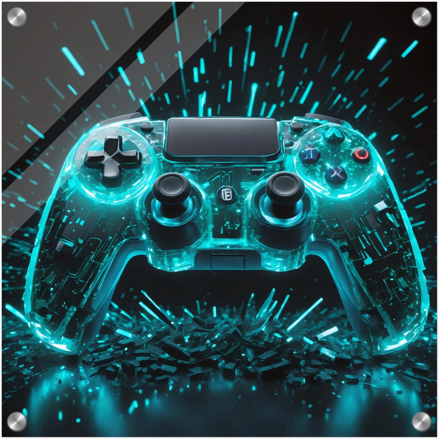 Modernes Wandbild eines transparenten Gaming-Controllers mit leuchtend türkis-cyanfarbenen Schaltkreisen und Licht-Explosion. 40x40 cm. Acryl