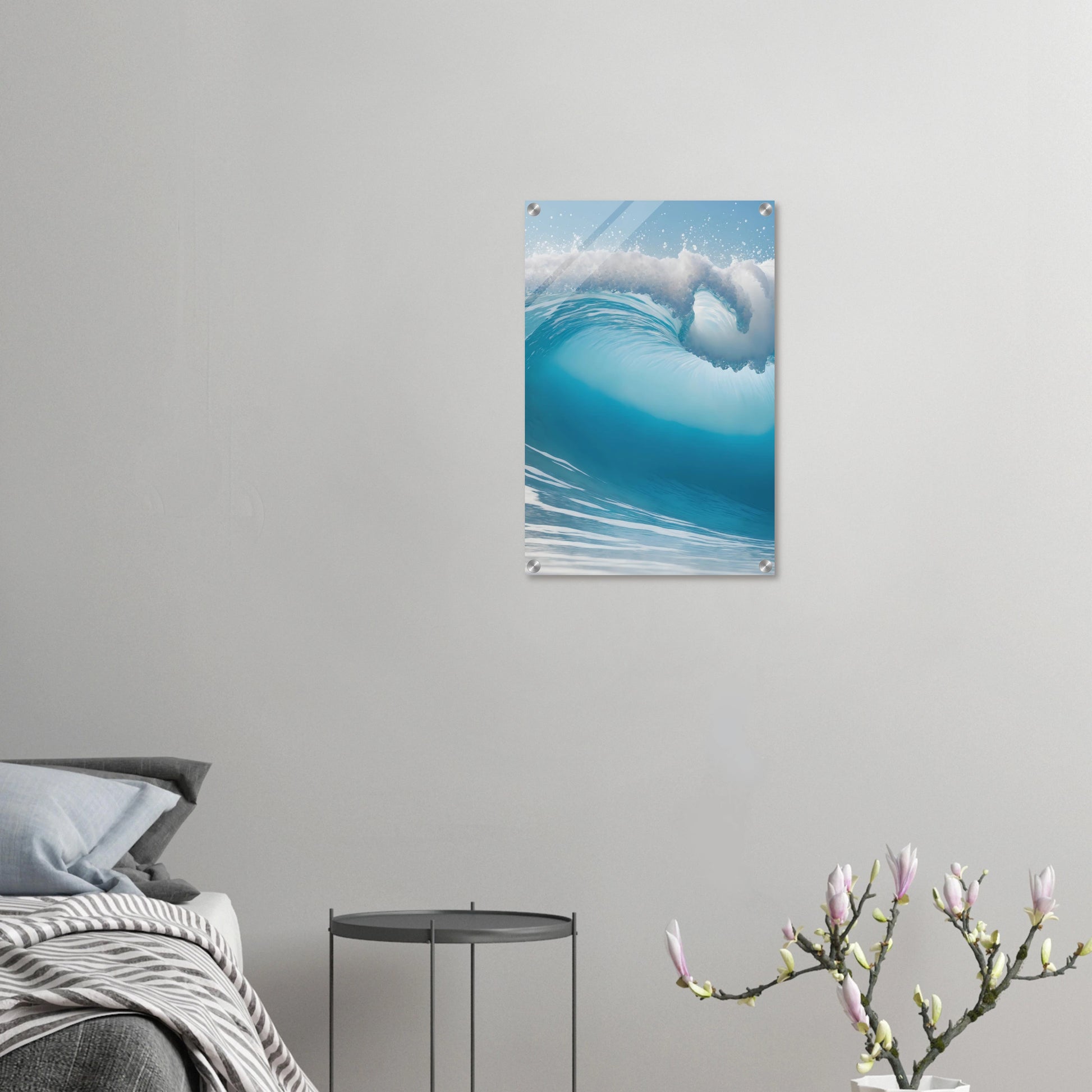 Abstraktes Wandbild einer brechenden Meereswelle in Türkis und Blau mit weißer Gischt. 40x60 cm. Acryl