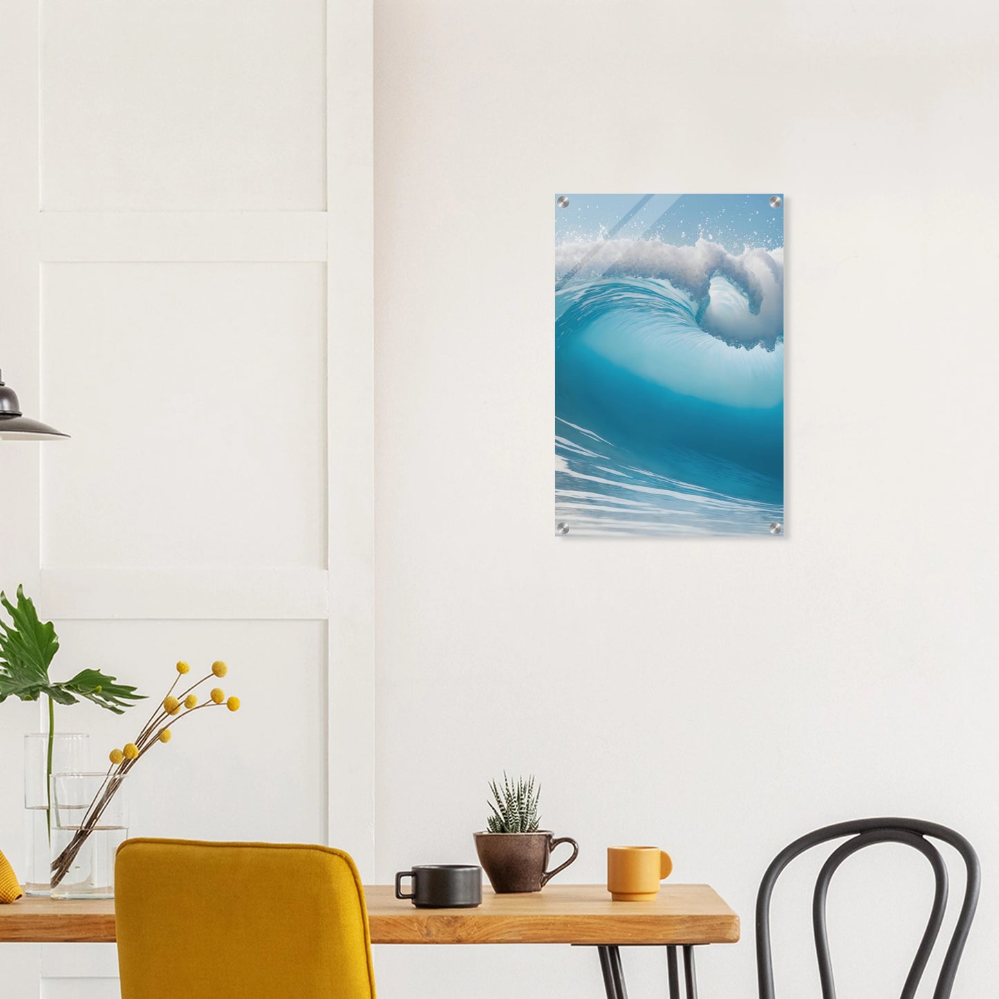 Abstraktes Wandbild einer brechenden Meereswelle in Türkis und Blau mit weißer Gischt. 40x60 cm. Acryl